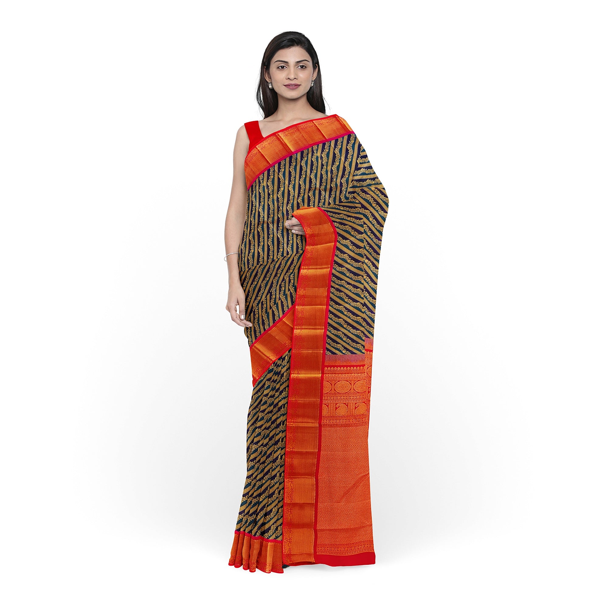 Peacock Blue Kanjivaram Silk Saree with Pink Zari Border – Pure Handloom Bridal Saree Online - New Sudarshan Silks`