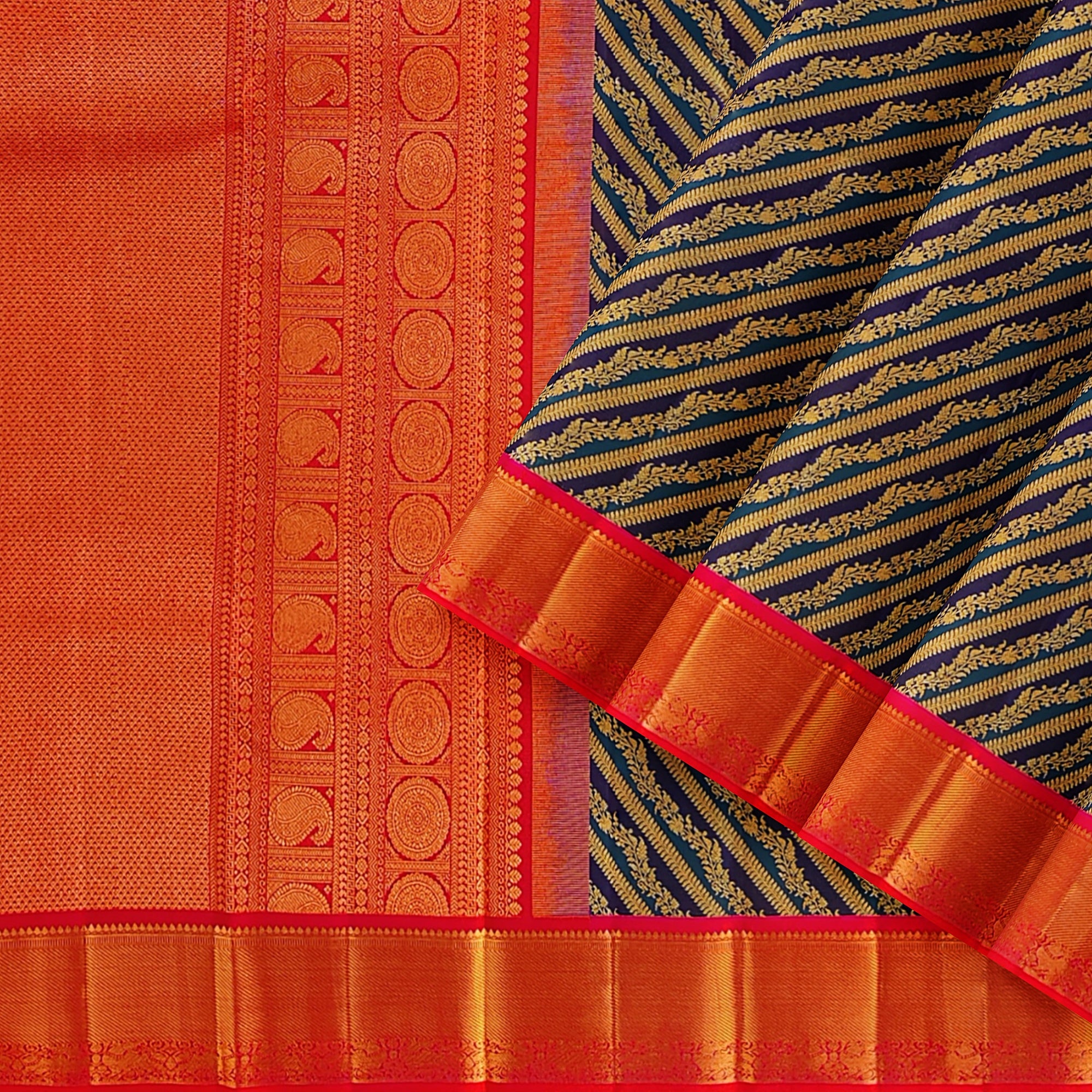 Peacock Blue Kanjivaram Silk Saree with Pink Zari Border – Pure Handloom Bridal Saree Online - New Sudarshan Silks`