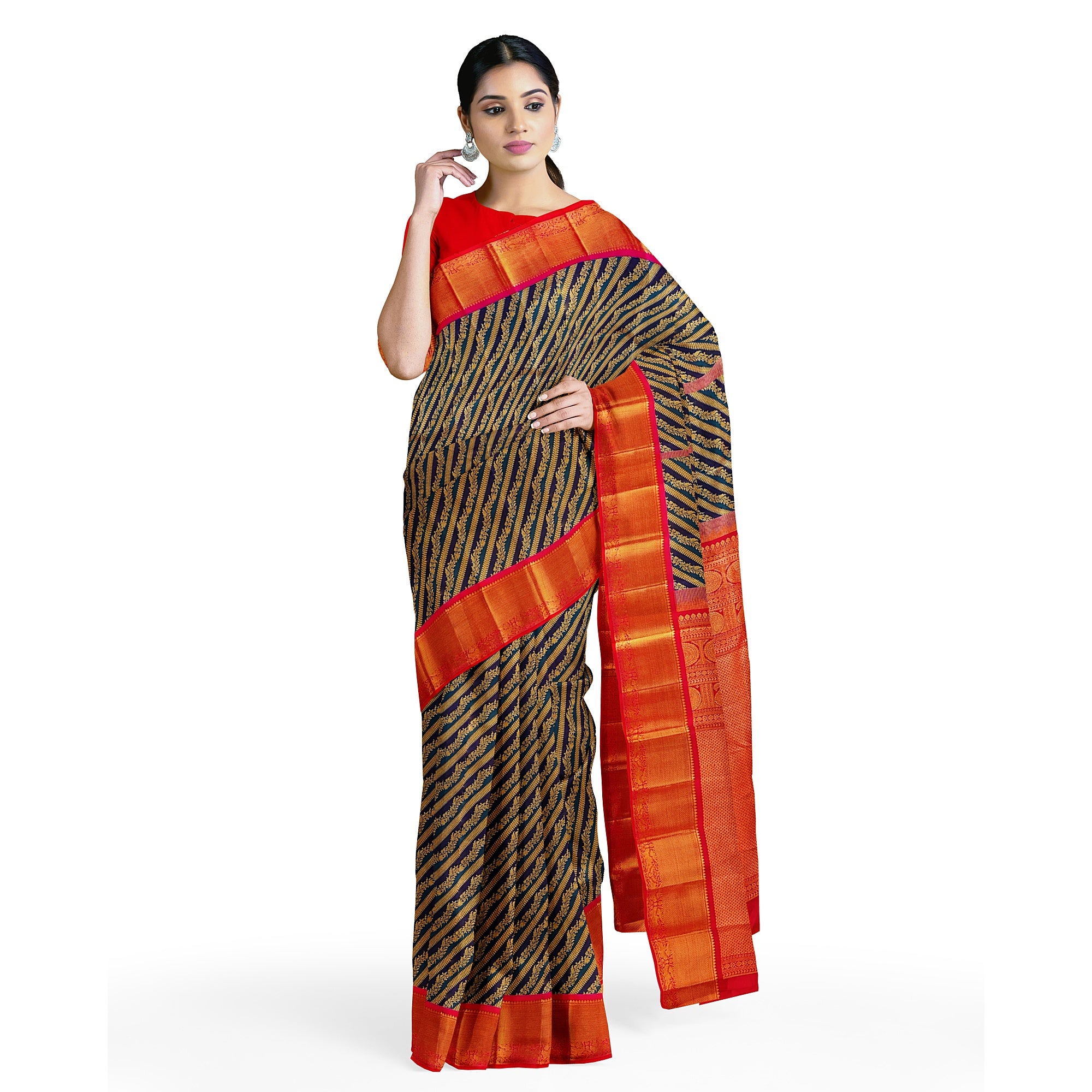 Peacock Blue Kanjivaram Silk Saree with Pink Zari Border – Pure Handloom Bridal Saree Online - New Sudarshan Silks`