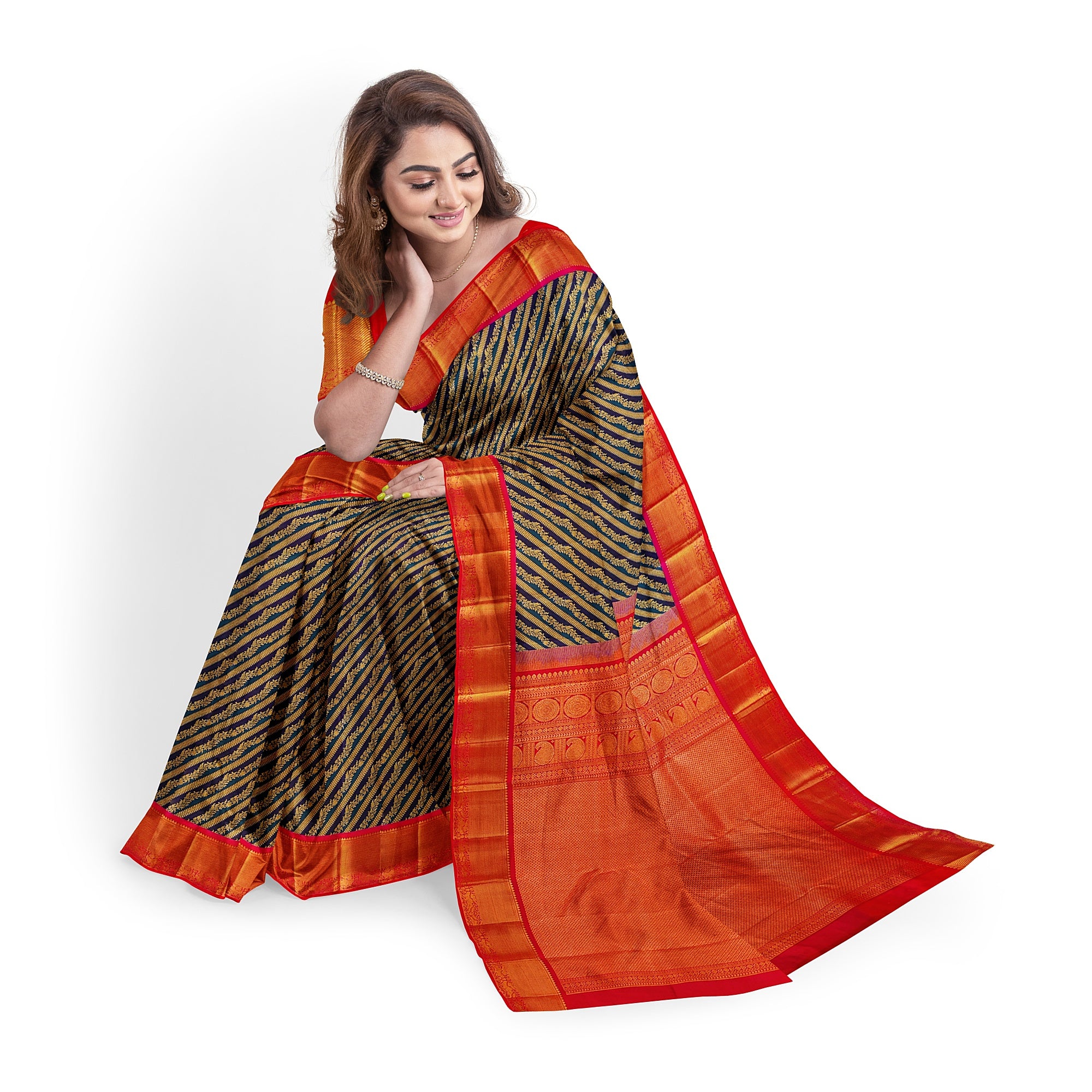 Peacock Blue Kanjivaram Silk Saree with Pink Zari Border – Pure Handloom Bridal Saree Online - New Sudarshan Silks`