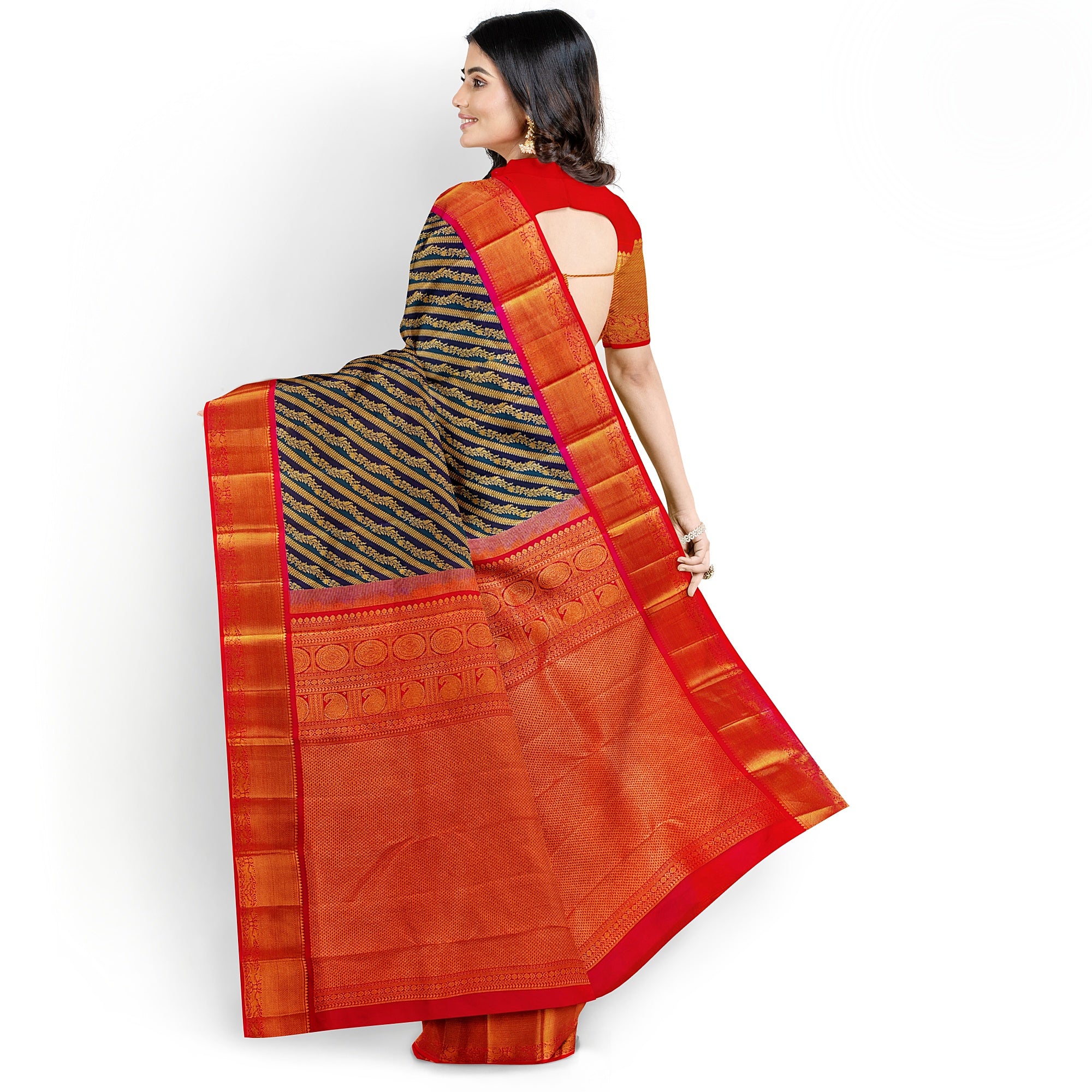 Peacock Blue Kanjivaram Silk Saree with Pink Zari Border – Pure Handloom Bridal Saree Online - New Sudarshan Silks`