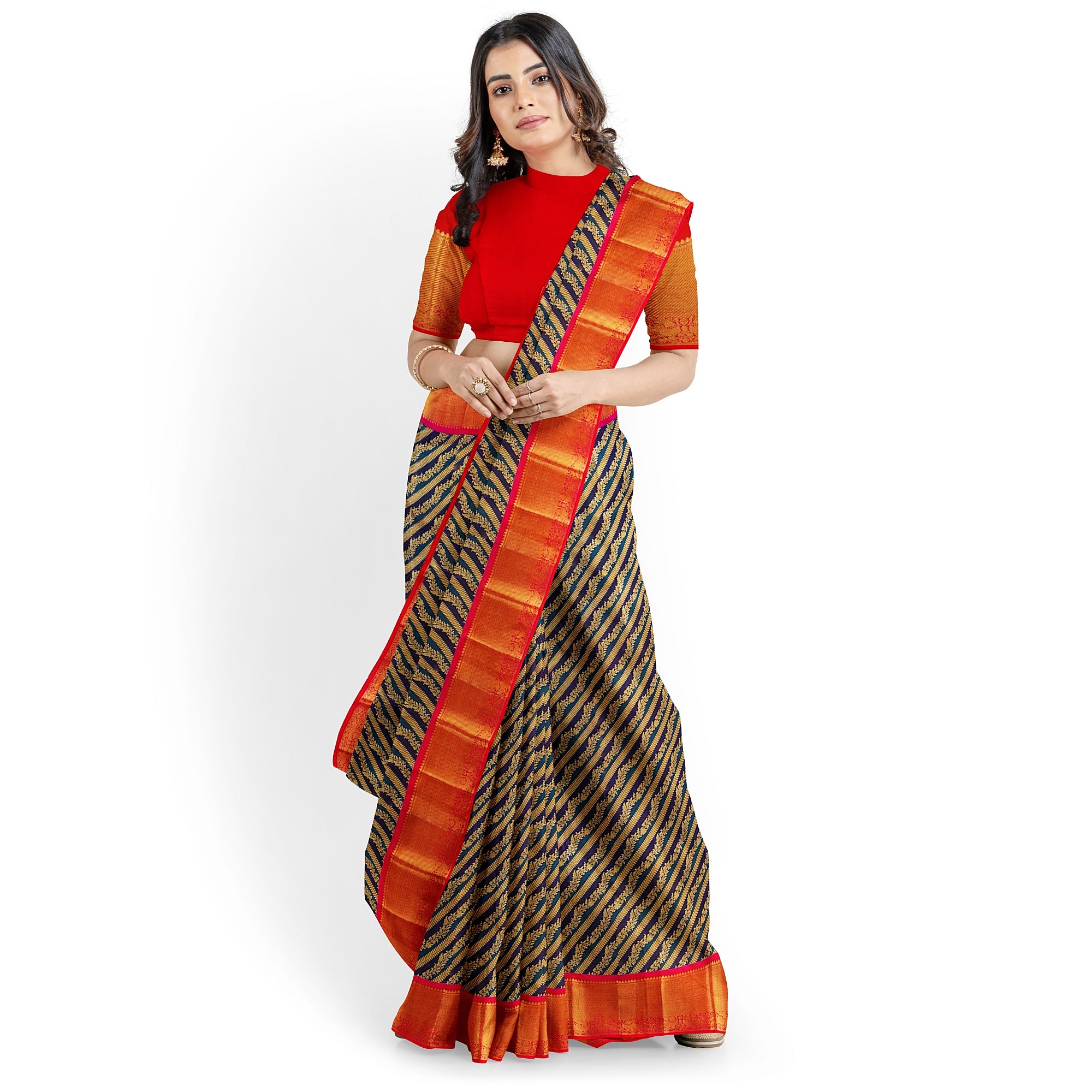Peacock Blue Kanjivaram Silk Saree with Pink Zari Border – Pure Handloom Bridal Saree Online - New Sudarshan Silks`
