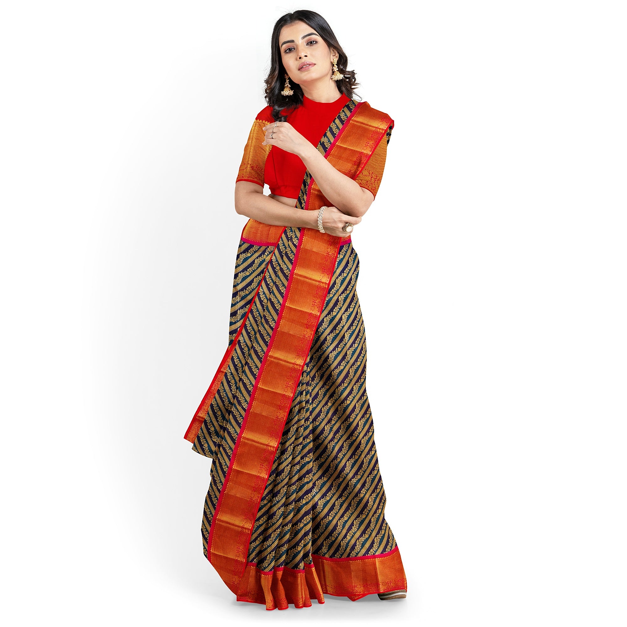 Peacock Blue Kanjivaram Silk Saree with Pink Zari Border – Pure Handloom Bridal Saree Online - New Sudarshan Silks`