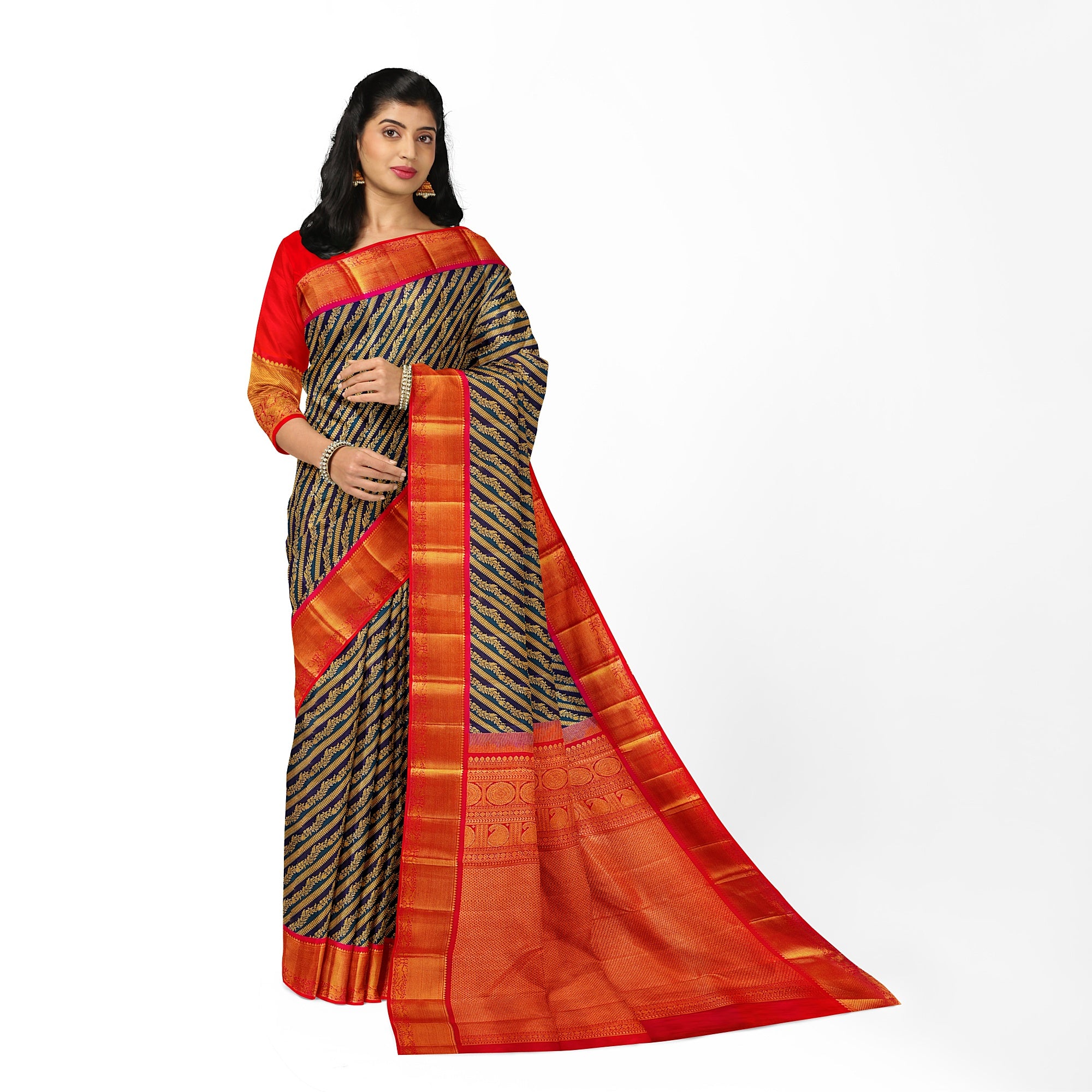 Peacock Blue Kanjivaram Silk Saree with Pink Zari Border – Pure Handloom Bridal Saree Online - New Sudarshan Silks`