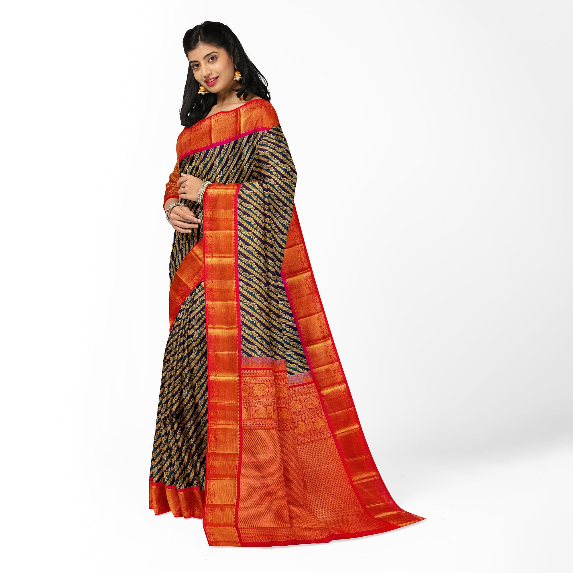 Peacock Blue Kanjivaram Silk Saree with Pink Zari Border – Pure Handloom Bridal Saree Online - New Sudarshan Silks`