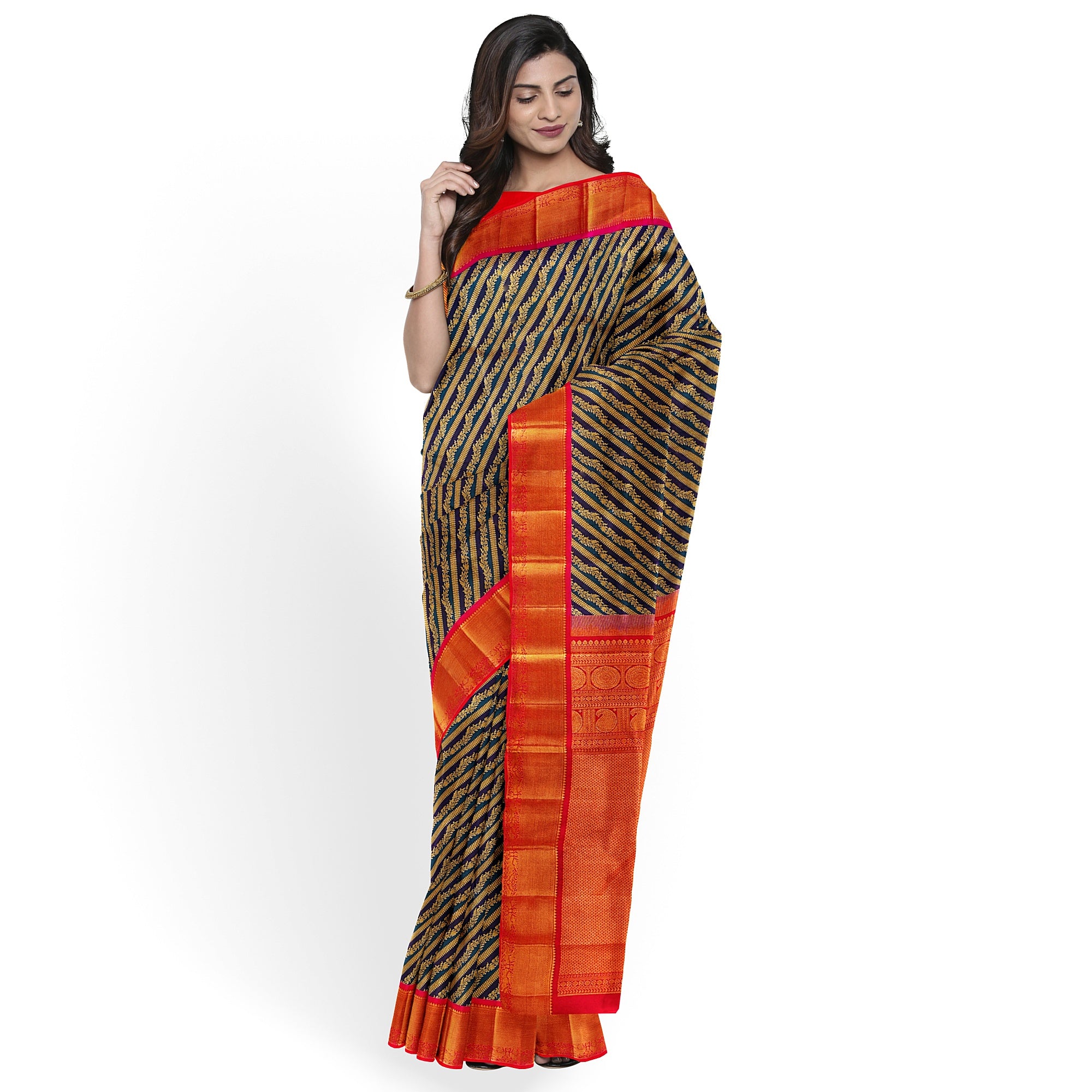 Peacock Blue Kanjivaram Silk Saree with Pink Zari Border – Pure Handloom Bridal Saree Online - New Sudarshan Silks`