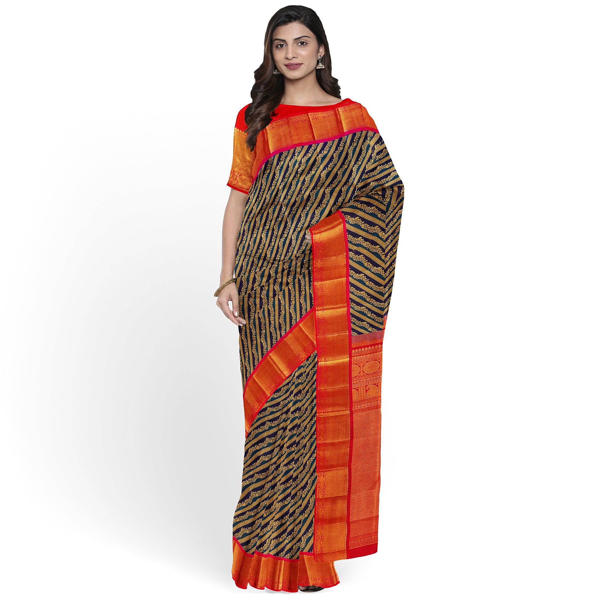 Peacock Blue Kanjivaram Silk Saree with Pink Zari Border – Pure Handloom Bridal Saree Online - New Sudarshan Silks`