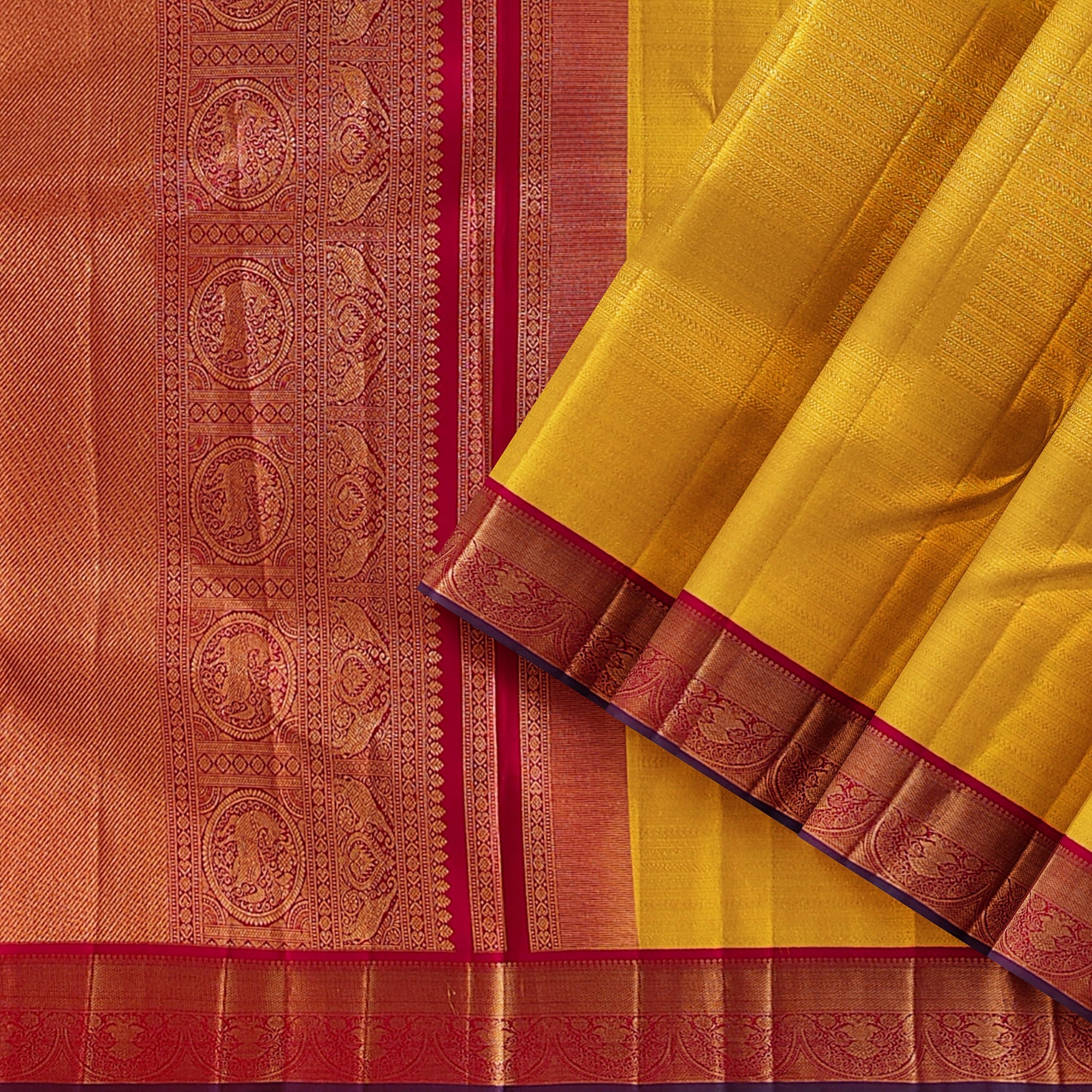 Yellow Brocade Kanjivaram Silk Saree with Red Zari Border – Pure Handloom Bridal Saree Online - New Sudarshan Silks`