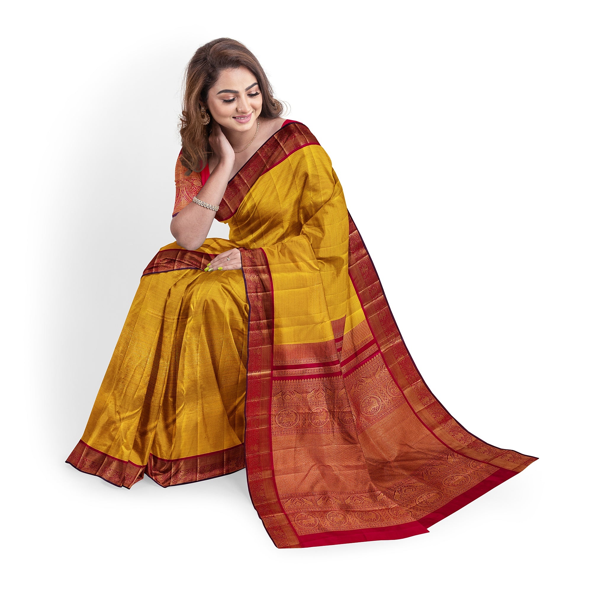 Yellow Brocade Kanjivaram Silk Saree with Red Zari Border – Pure Handloom Bridal Saree Online - New Sudarshan Silks`
