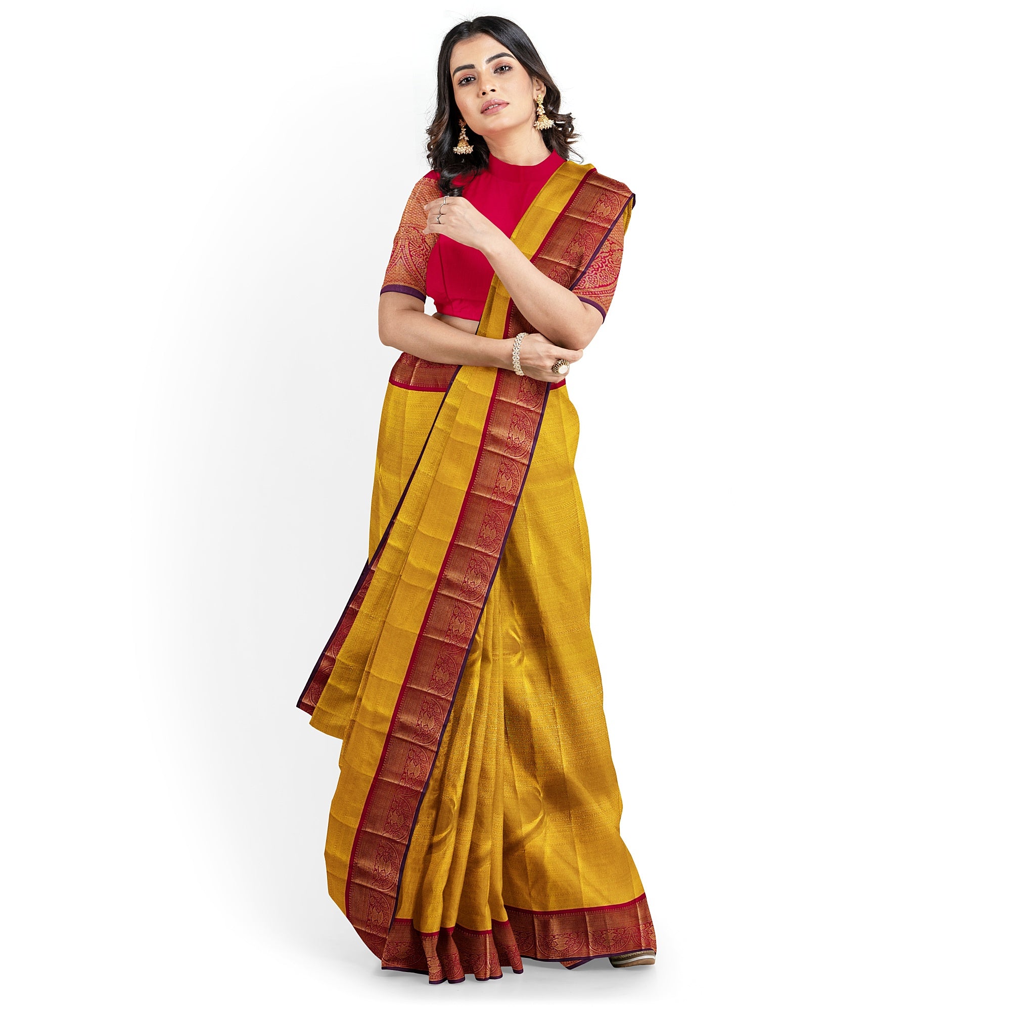 Yellow Brocade Kanjivaram Silk Saree with Red Zari Border – Pure Handloom Bridal Saree Online - New Sudarshan Silks`