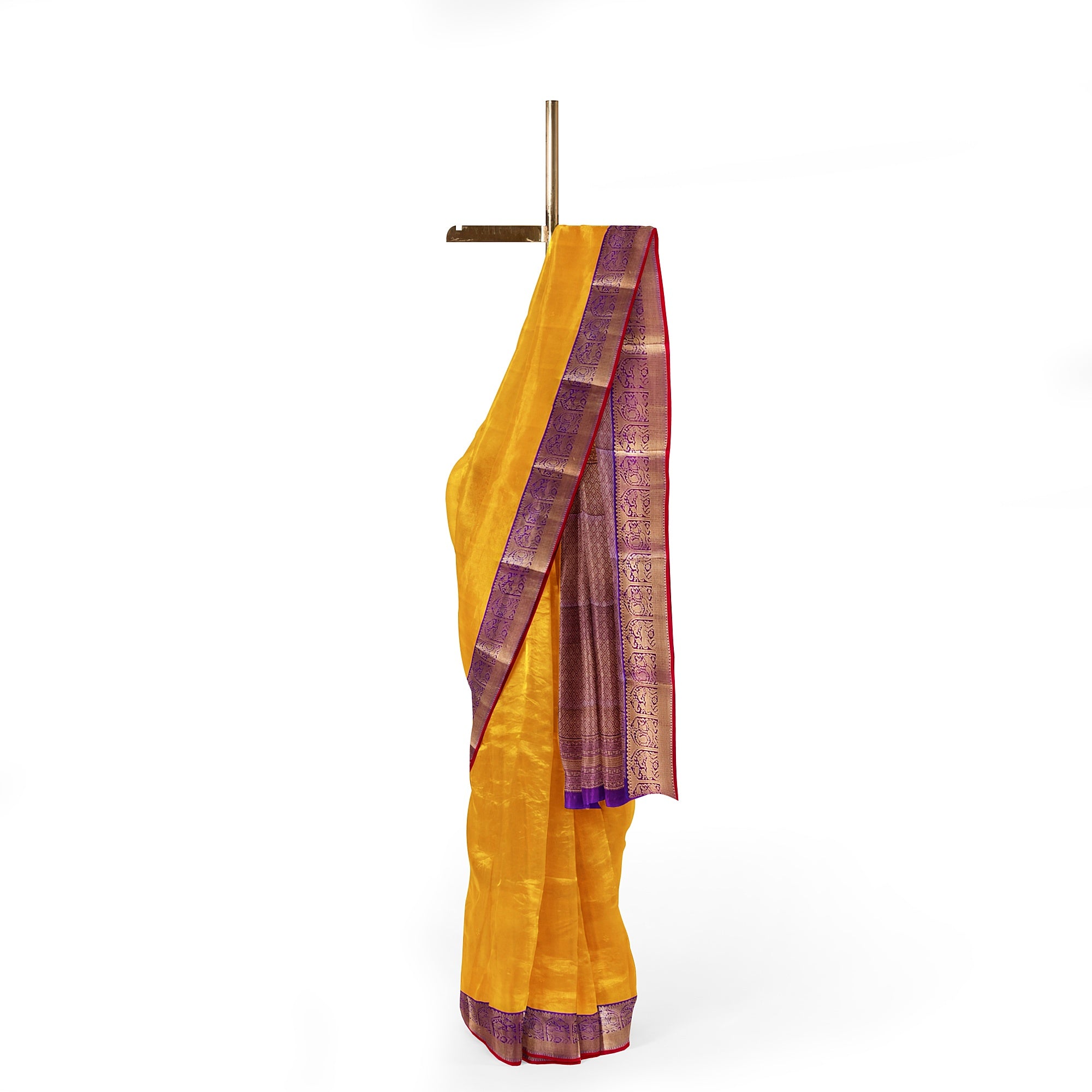 Yellow Kanjivaram Silk Saree with Purple Traditional Zari Border – Pure Handloom Bridal Saree Online - New Sudarshan Silks`