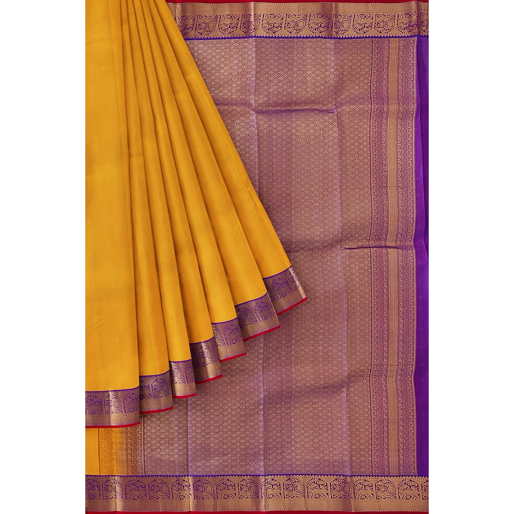 Yellow Kanjivaram Silk Saree with Purple Traditional Zari Border – Pure Handloom Bridal Saree Online - New Sudarshan Silks`