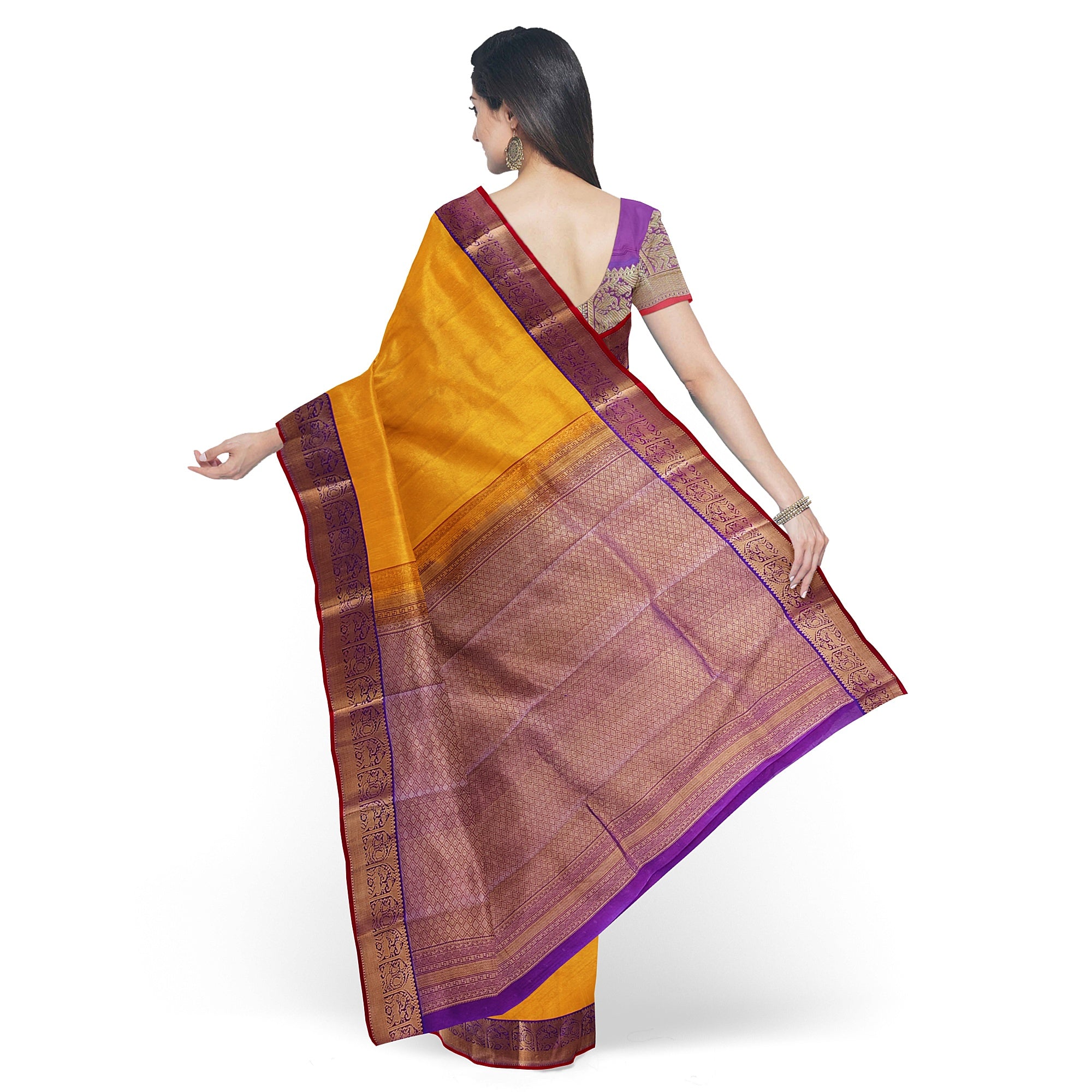 Yellow Kanjivaram Silk Saree with Purple Traditional Zari Border – Pure Handloom Bridal Saree Online - New Sudarshan Silks`