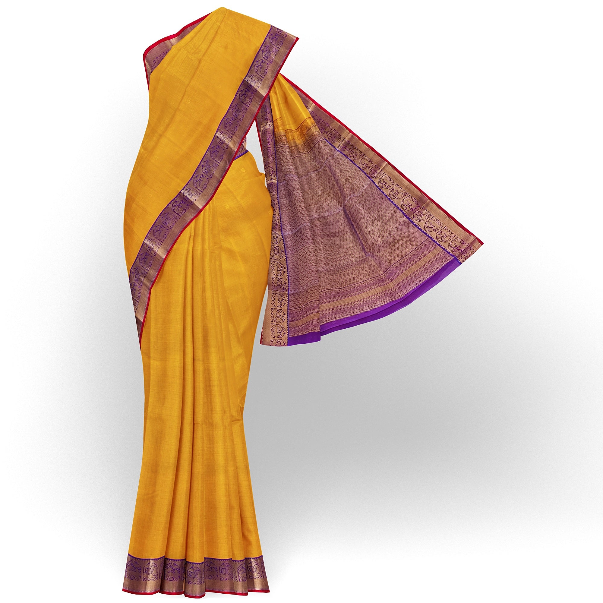 Yellow Kanjivaram Silk Saree with Purple Traditional Zari Border – Pure Handloom Bridal Saree Online - New Sudarshan Silks`