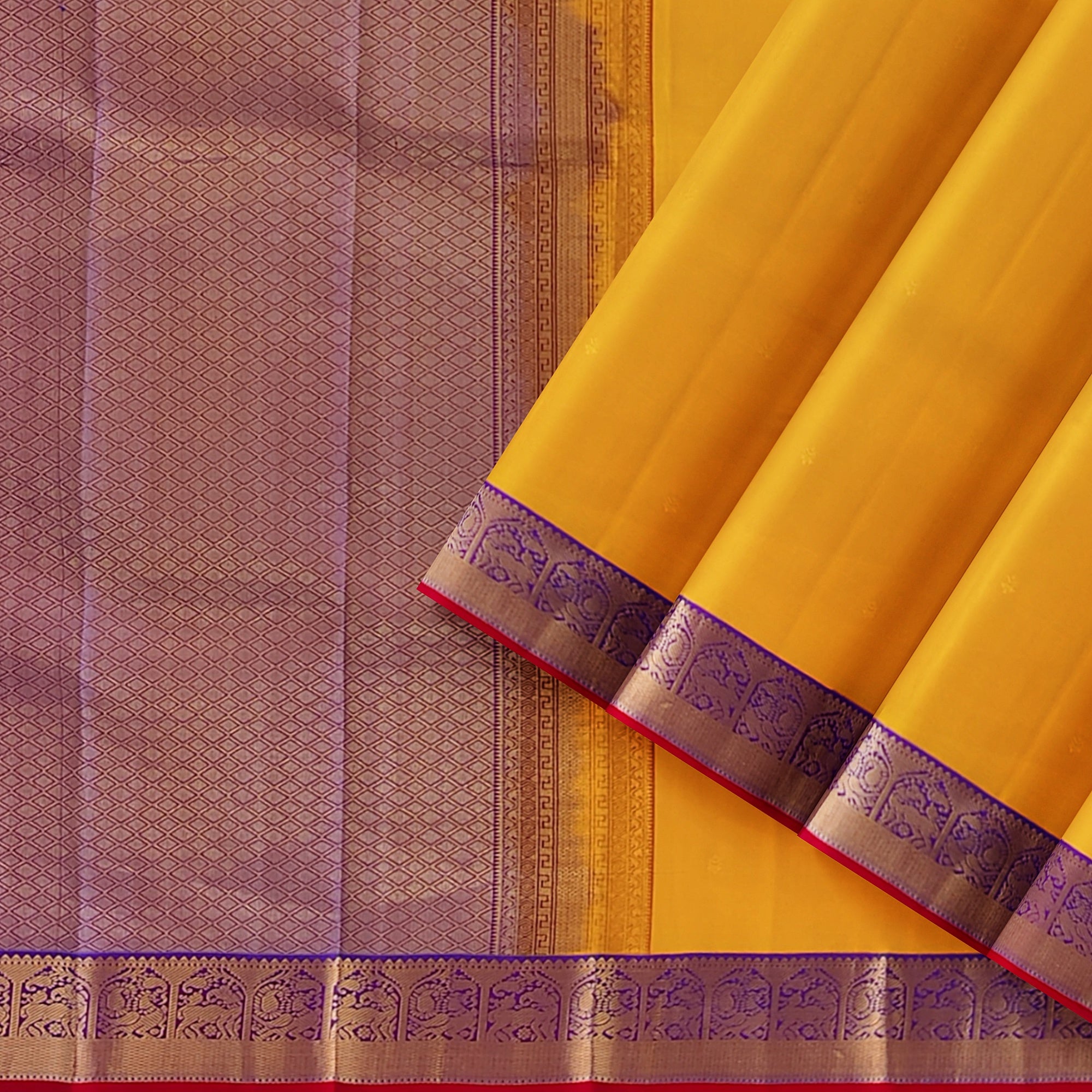 Yellow Kanjivaram Silk Saree with Purple Traditional Zari Border – Pure Handloom Bridal Saree Online - New Sudarshan Silks`