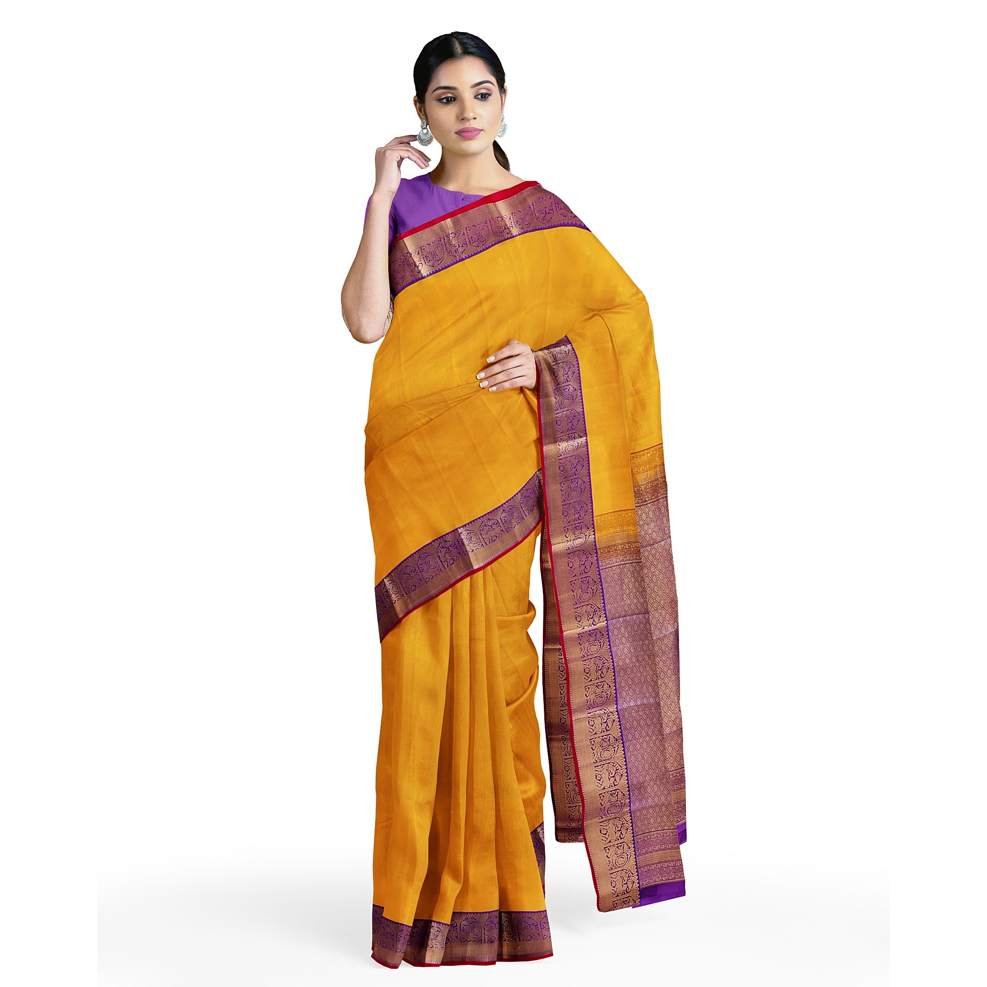 Yellow Kanjivaram Silk Saree with Purple Traditional Zari Border – Pure Handloom Bridal Saree Online - New Sudarshan Silks`