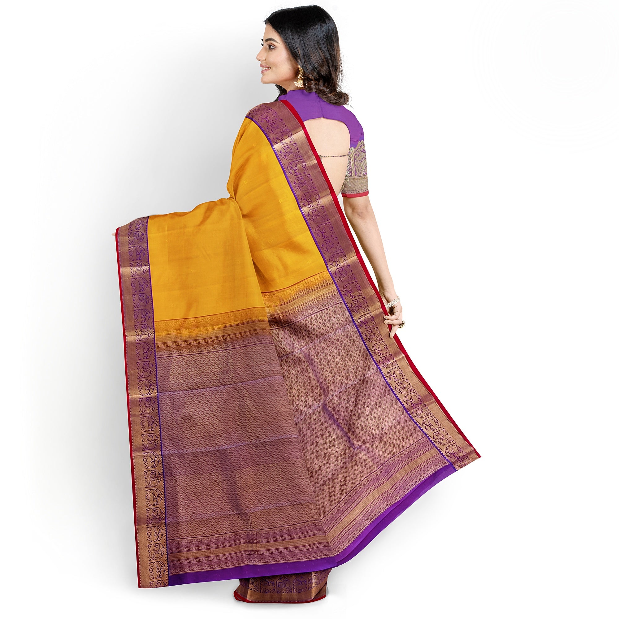 Yellow Kanjivaram Silk Saree with Purple Traditional Zari Border – Pure Handloom Bridal Saree Online - New Sudarshan Silks`