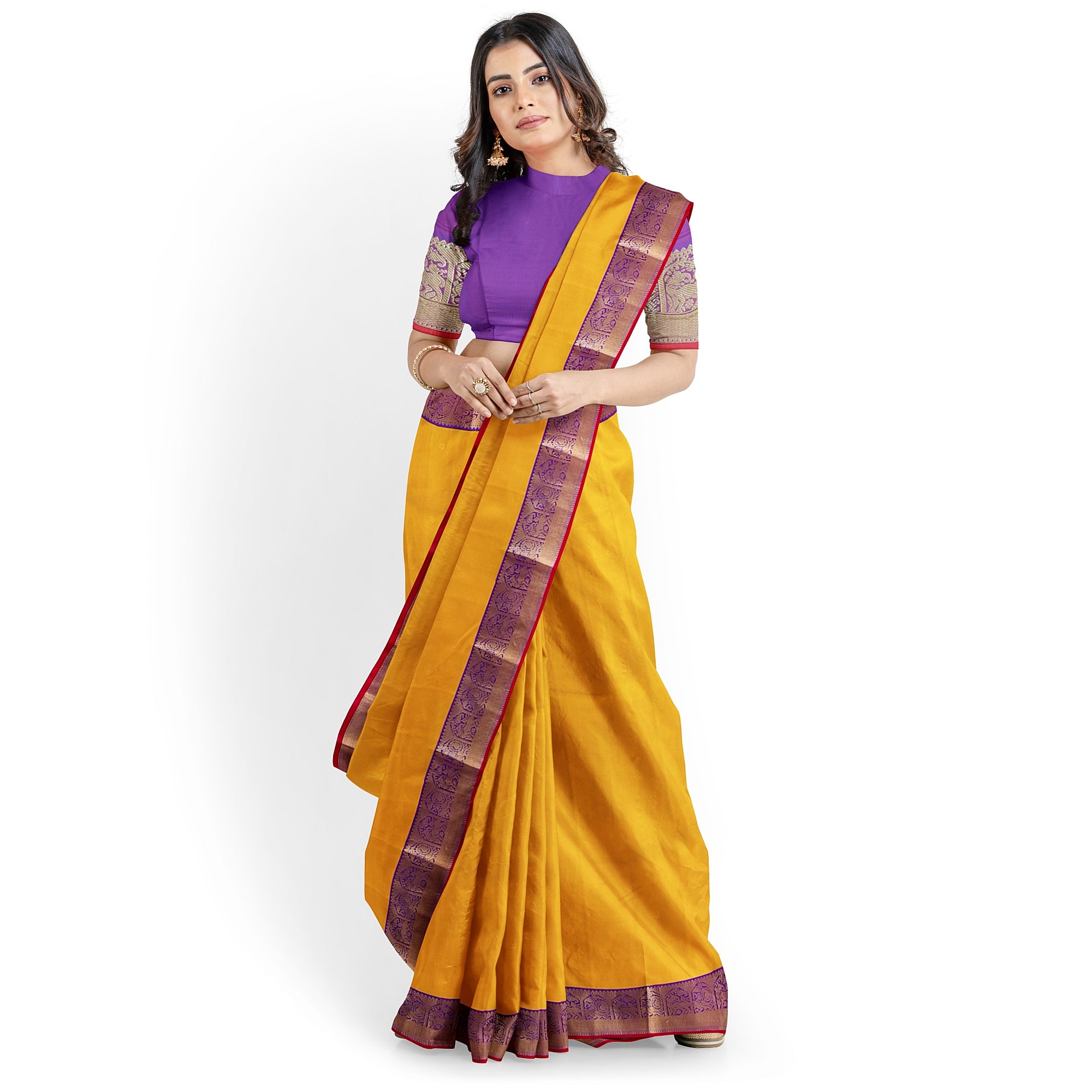 Yellow Kanjivaram Silk Saree with Purple Traditional Zari Border – Pure Handloom Bridal Saree Online - New Sudarshan Silks`