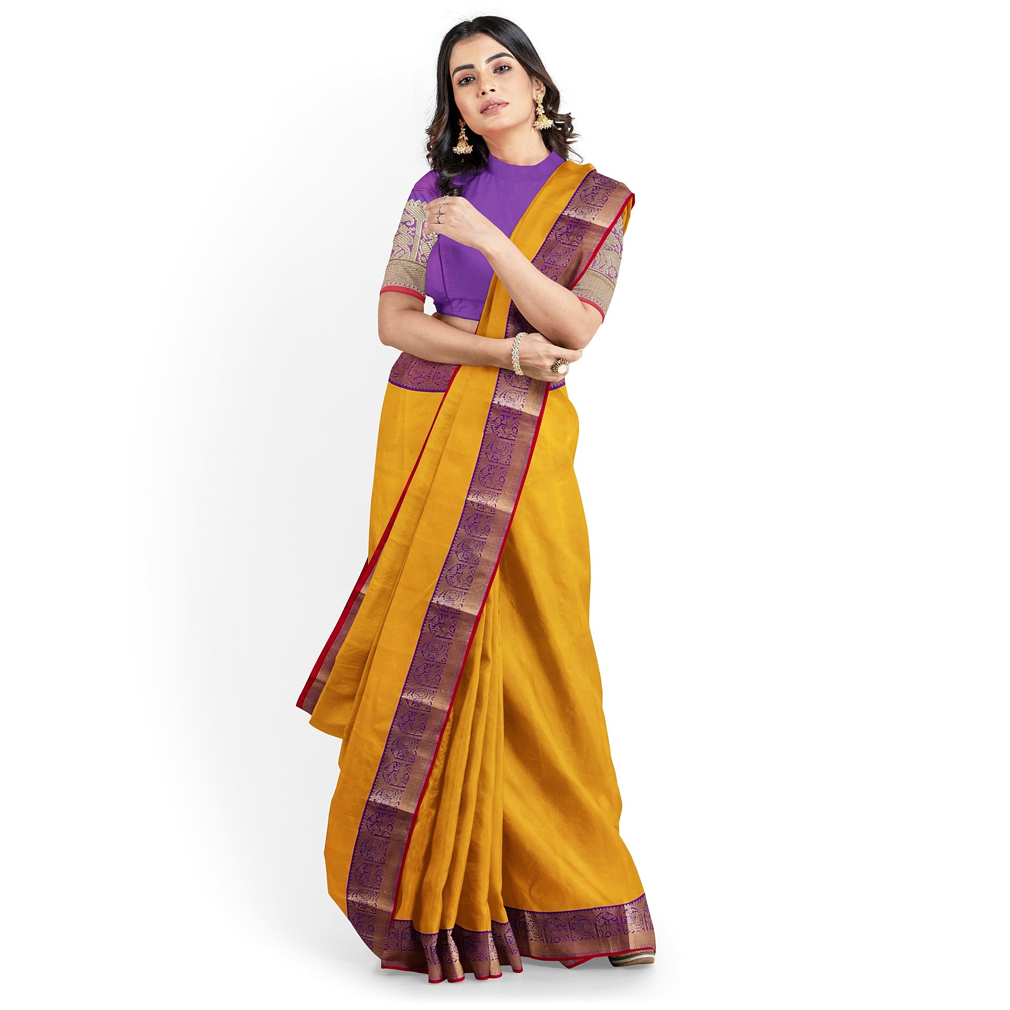 Yellow Kanjivaram Silk Saree with Purple Traditional Zari Border – Pure Handloom Bridal Saree Online - New Sudarshan Silks`