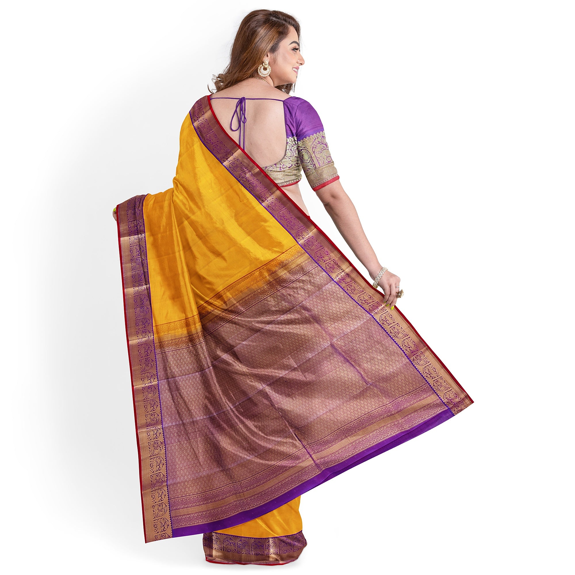 Yellow Kanjivaram Silk Saree with Purple Traditional Zari Border – Pure Handloom Bridal Saree Online - New Sudarshan Silks`