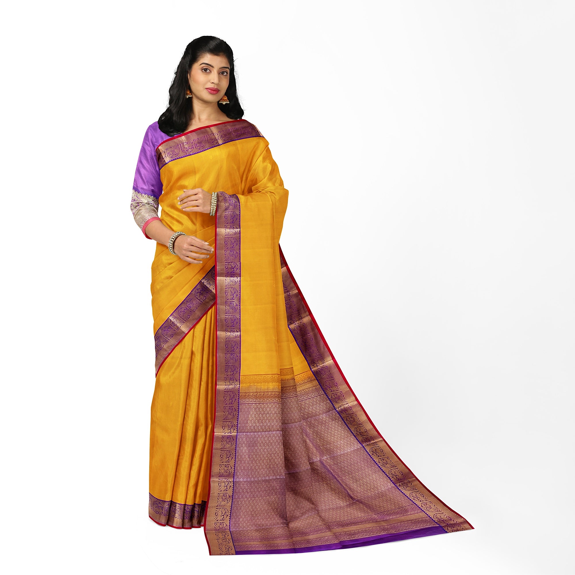 Yellow Kanjivaram Silk Saree with Purple Traditional Zari Border – Pure Handloom Bridal Saree Online - New Sudarshan Silks`
