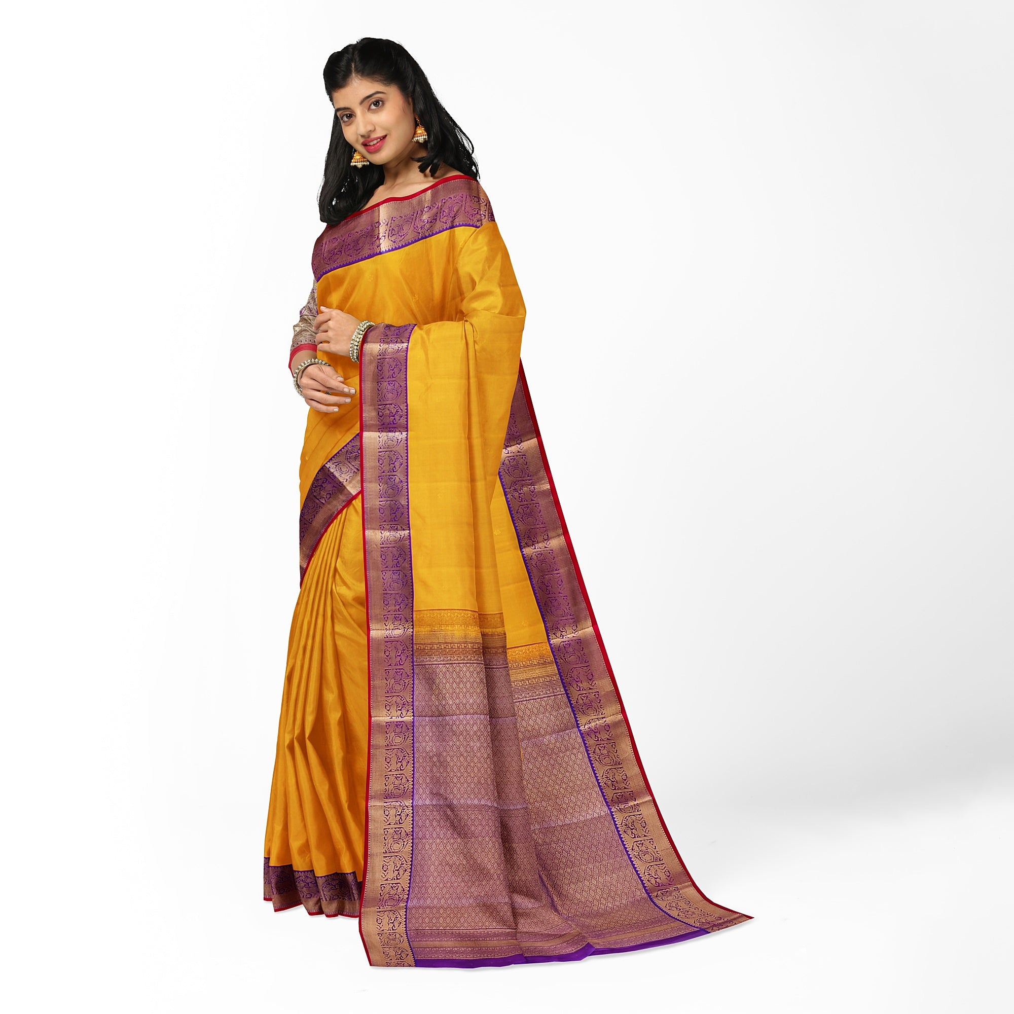 Yellow Kanjivaram Silk Saree with Purple Traditional Zari Border – Pure Handloom Bridal Saree Online - New Sudarshan Silks`