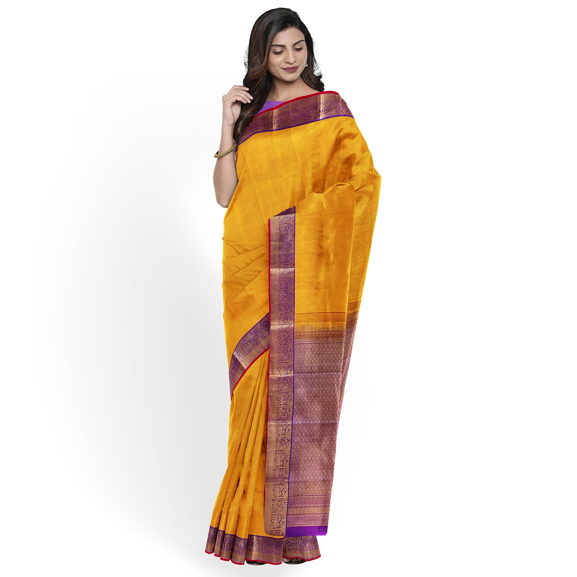 Yellow Kanjivaram Silk Saree with Purple Traditional Zari Border – Pure Handloom Bridal Saree Online - New Sudarshan Silks`