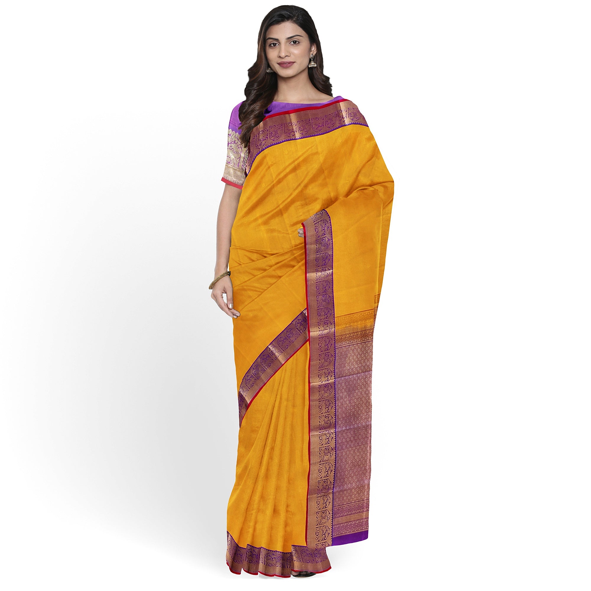 Yellow Kanjivaram Silk Saree with Purple Traditional Zari Border – Pure Handloom Bridal Saree Online - New Sudarshan Silks`