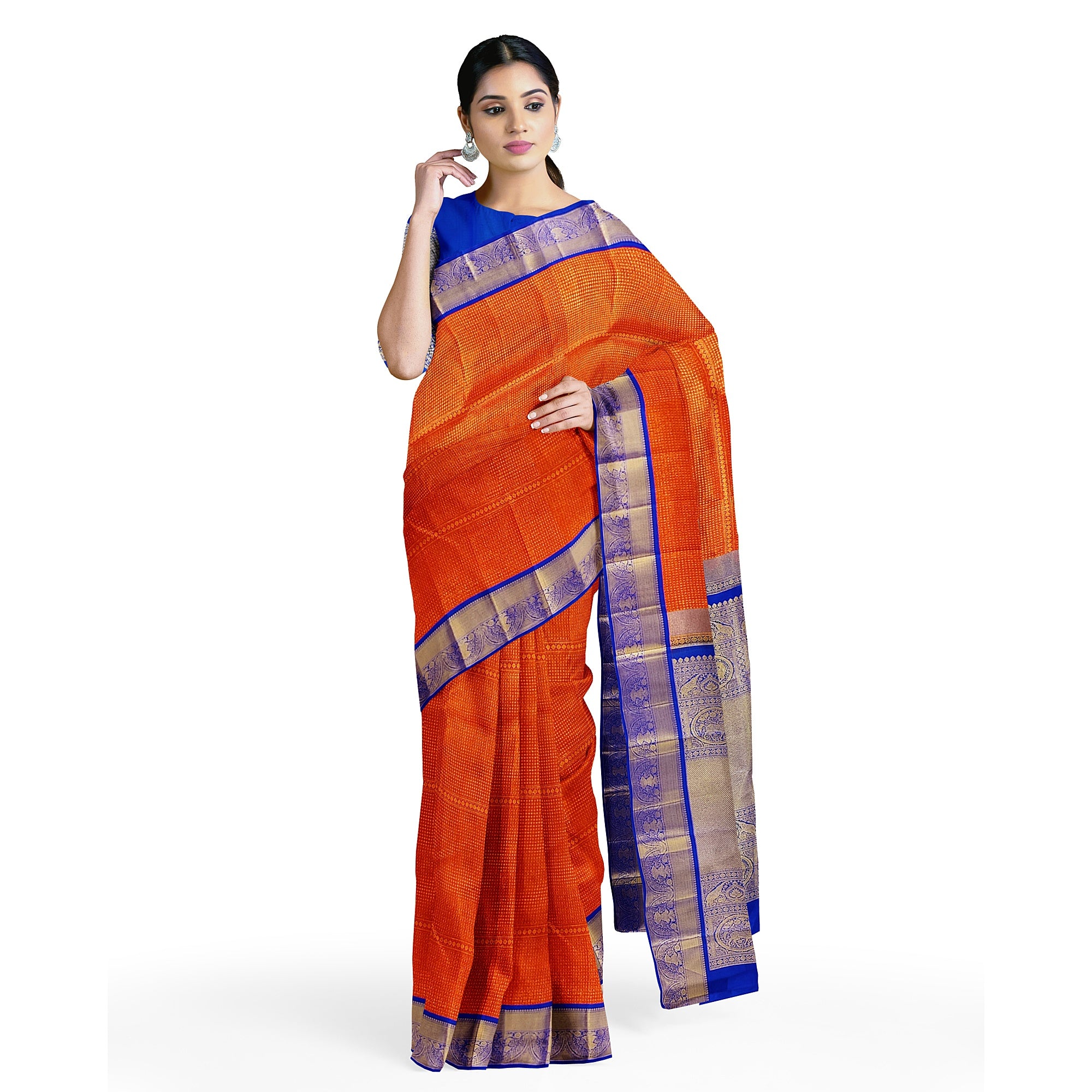 Orange Brocade Kanjivaram Silk Saree with Blue Zari Border – Pure Handloom Bridal Saree Online - New Sudarshan Silks`