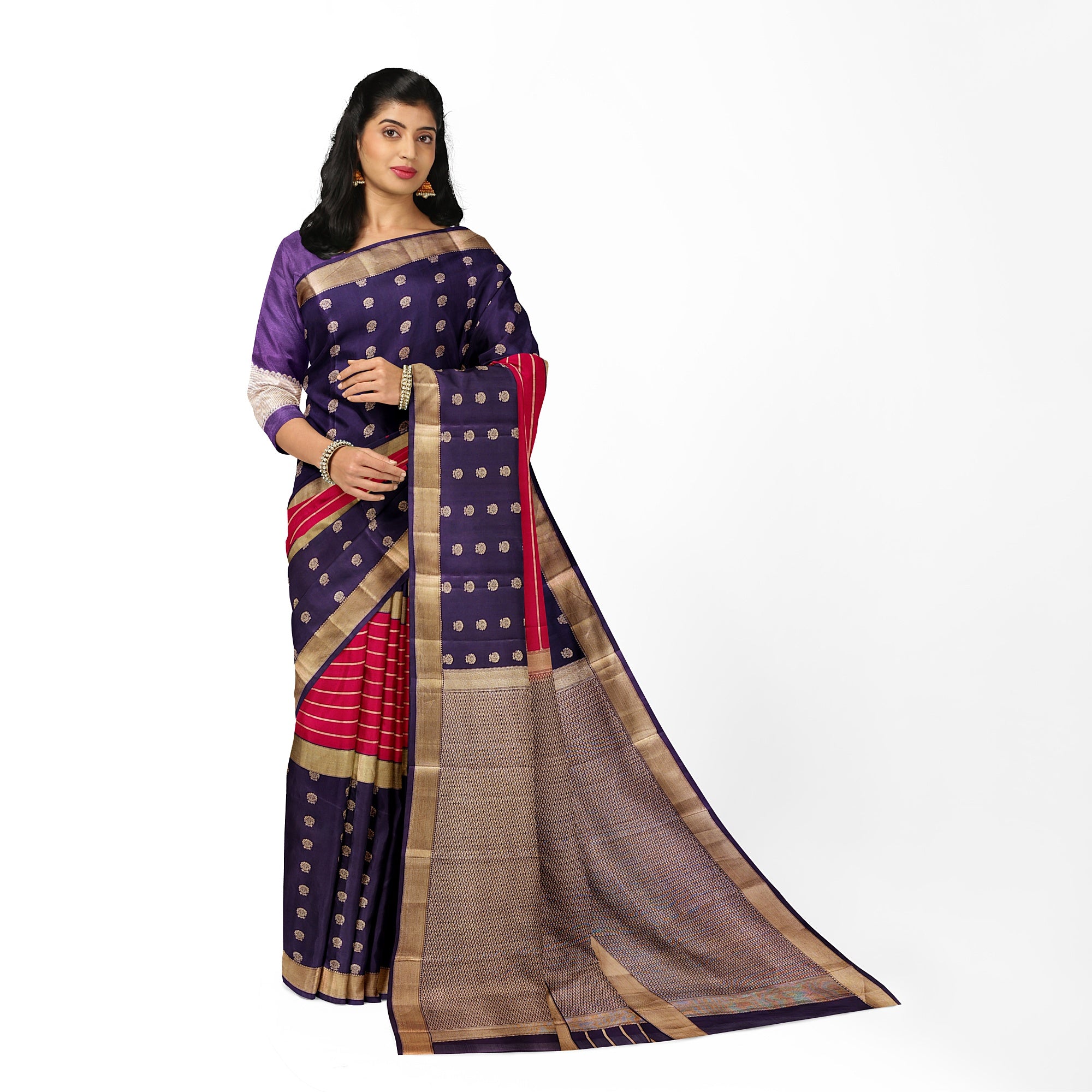 Pink Kanjivaram Silk Saree with Maroon Sides and Copper Zari – Pure Handloom Bridal Saree Online - New Sudarshan Silks`