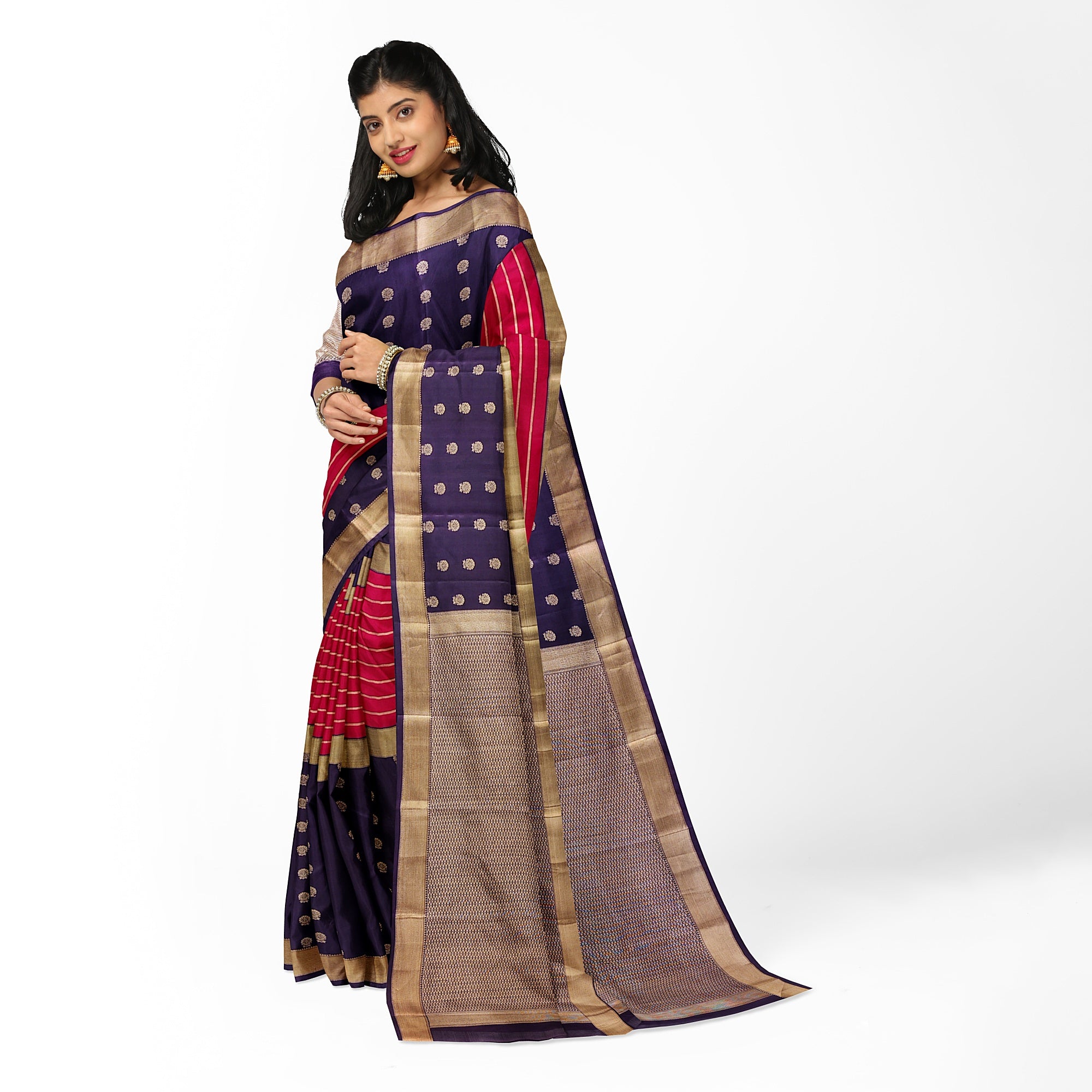 Pink Kanjivaram Silk Saree with Maroon Sides and Copper Zari – Pure Handloom Bridal Saree Online - New Sudarshan Silks`