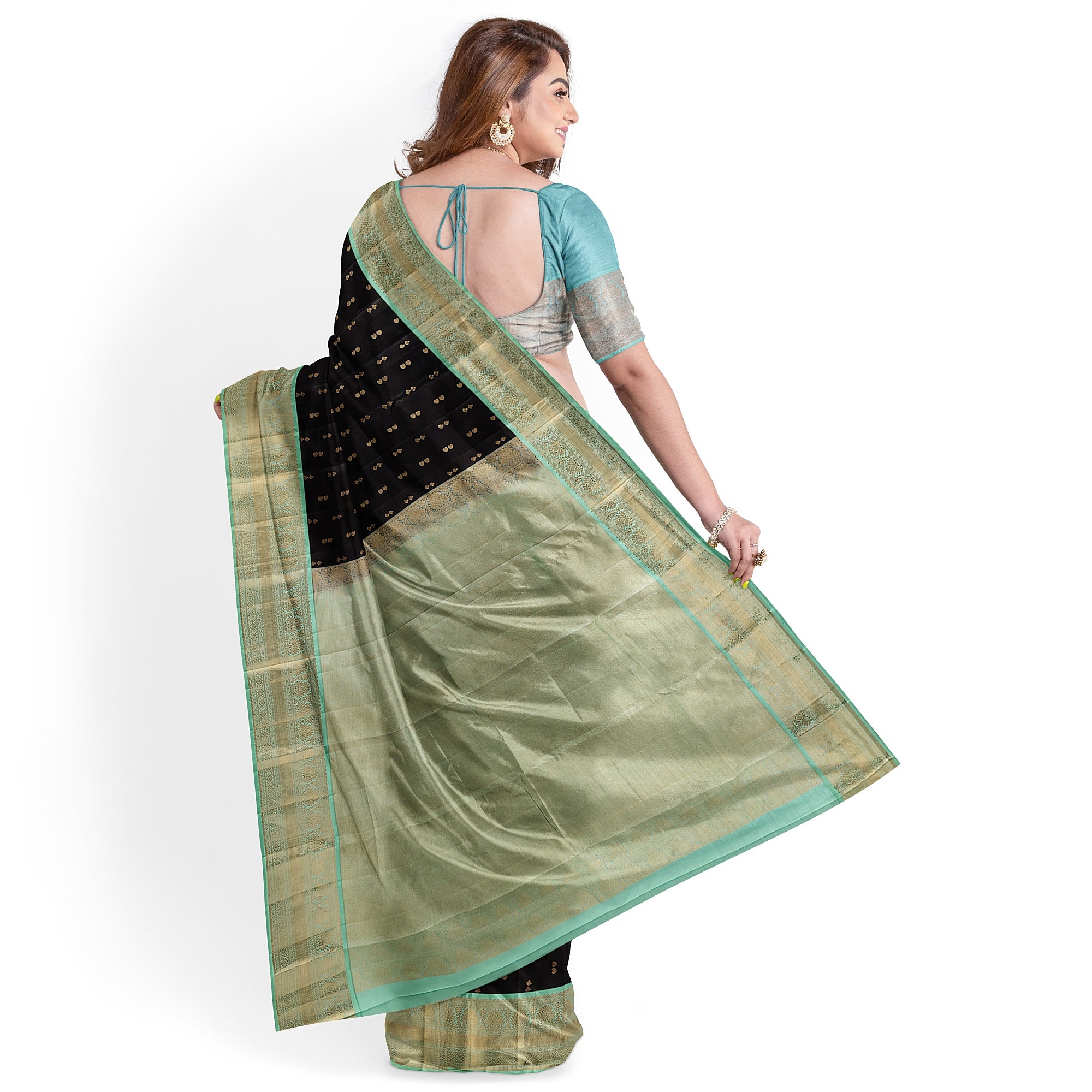 Black Kanjivaram Silk Saree with Pista Green Zari Border – Pure Handloom Bridal Saree Online - New Sudarshan Silks`