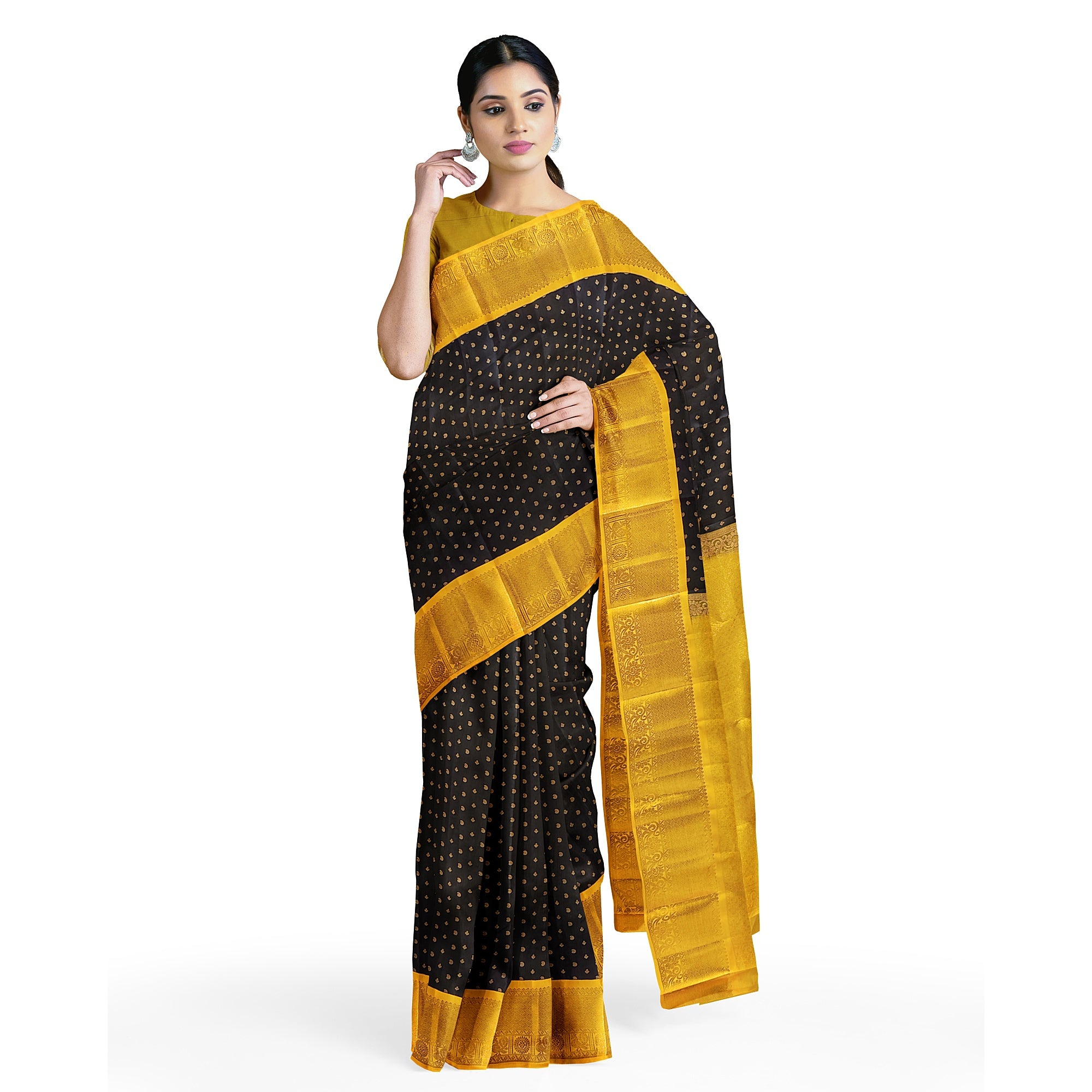 Black Kanjivaram Silk Saree with Yellow Zari Border – Pure Handloom Bridal Saree Online - New Sudarshan Silks`