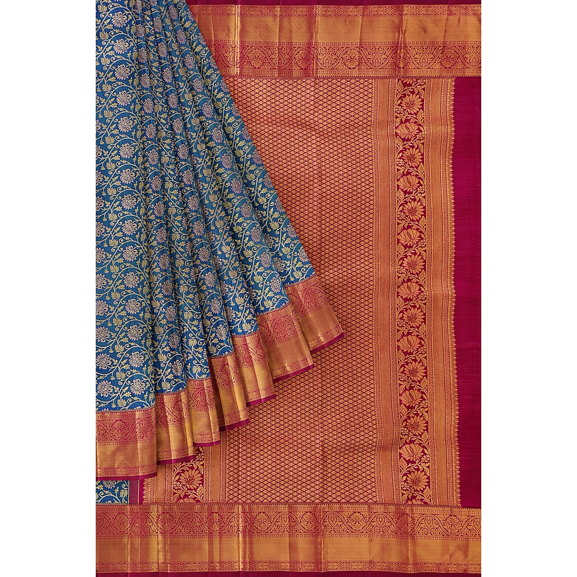 Peacock Blue Kanjivaram Silk Saree with Red Zari Border – Pure Handloom Traditional Saree Online - New Sudarshan Silks`
