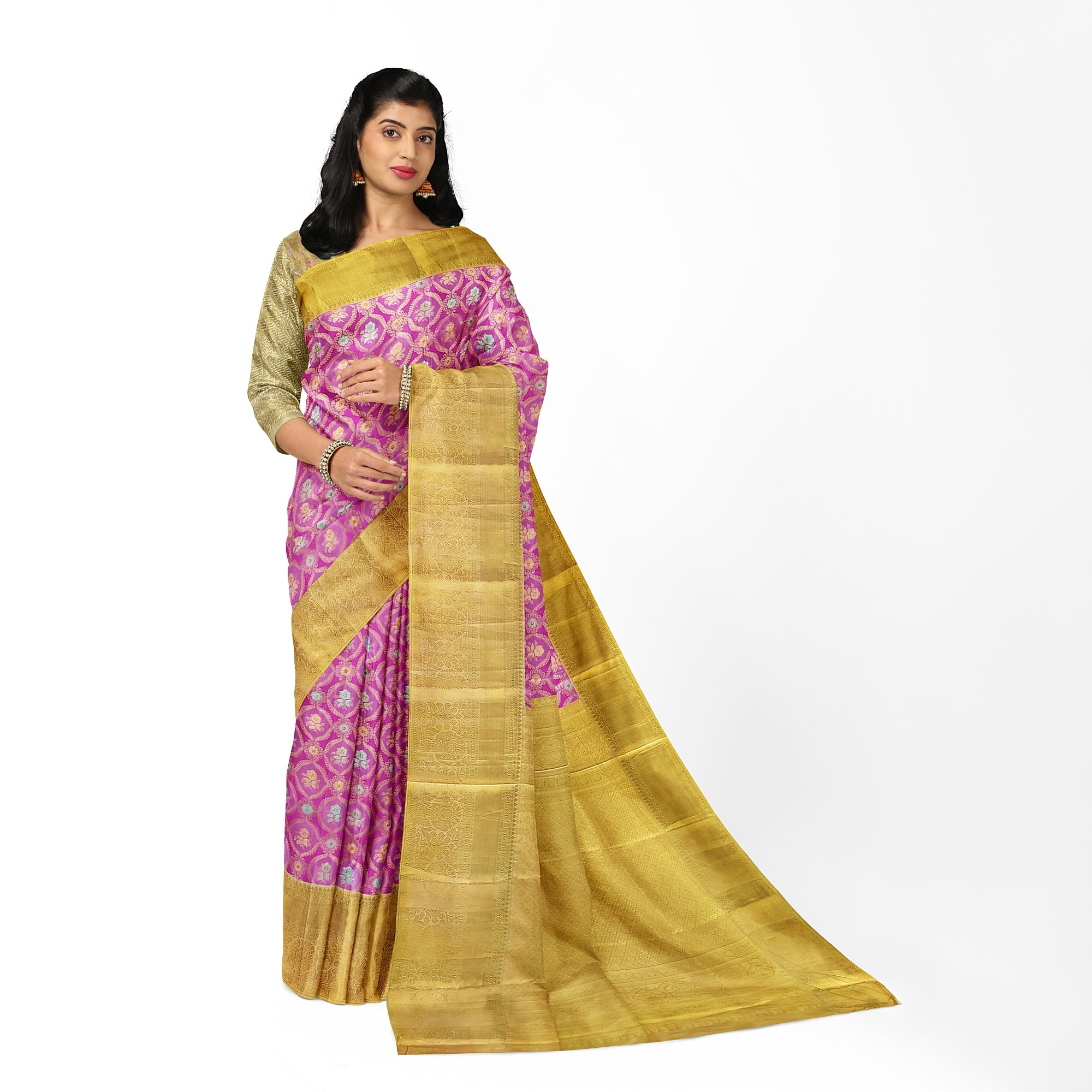 Pink Kanjivaram Silk Saree with Gold Zari – Pure Handloom Bridal Saree Online - New Sudarshan Silks`