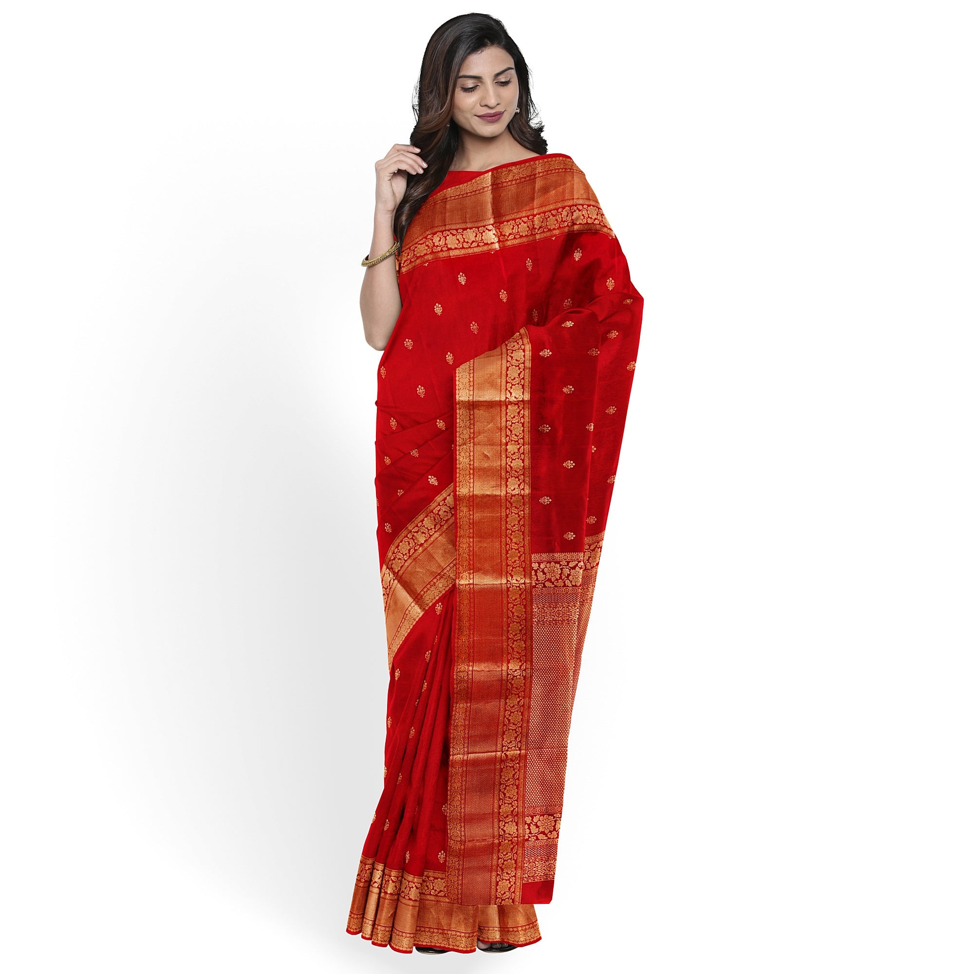 Red Kanjivaram Silk Saree with Peach Contrast Blouse – Traditional Bridal Saree Online - New Sudarshan Silks`