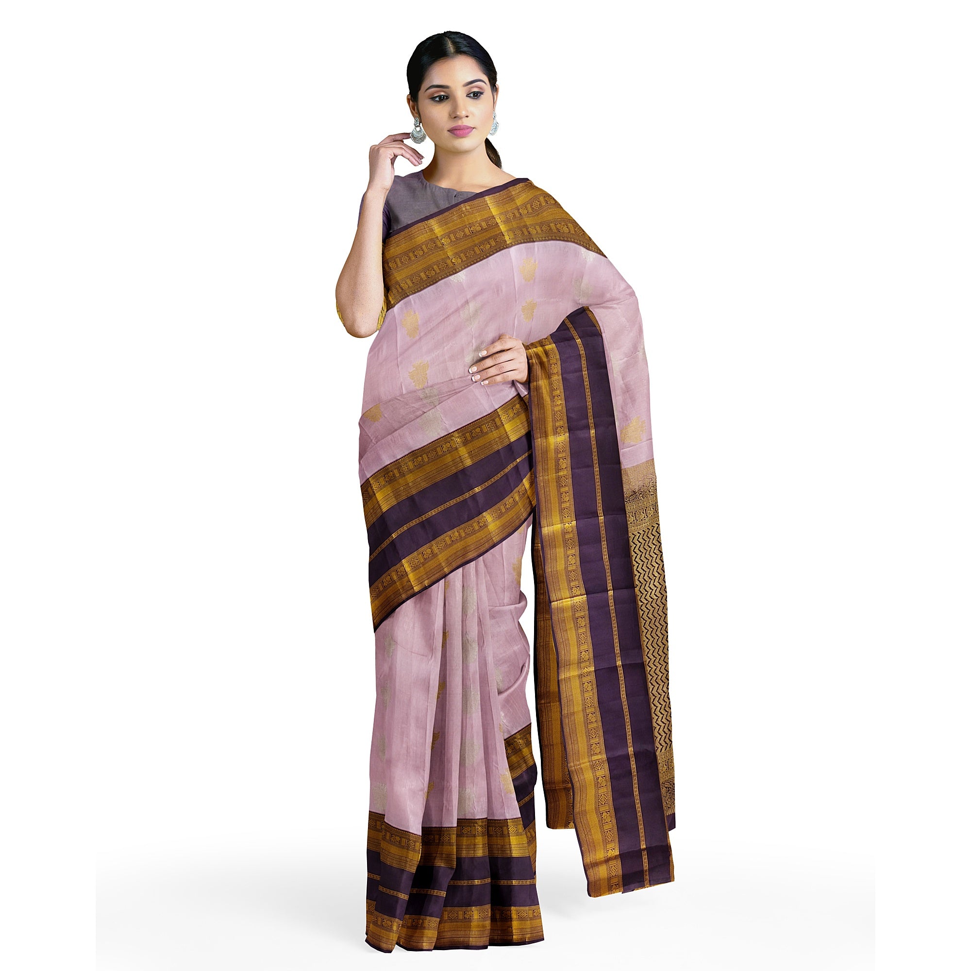 Baby Pink Kanjivaram Silk Saree with Maroon and Gold Zari Border – Elegant Handloom Saree Online - New Sudarshan Silks`