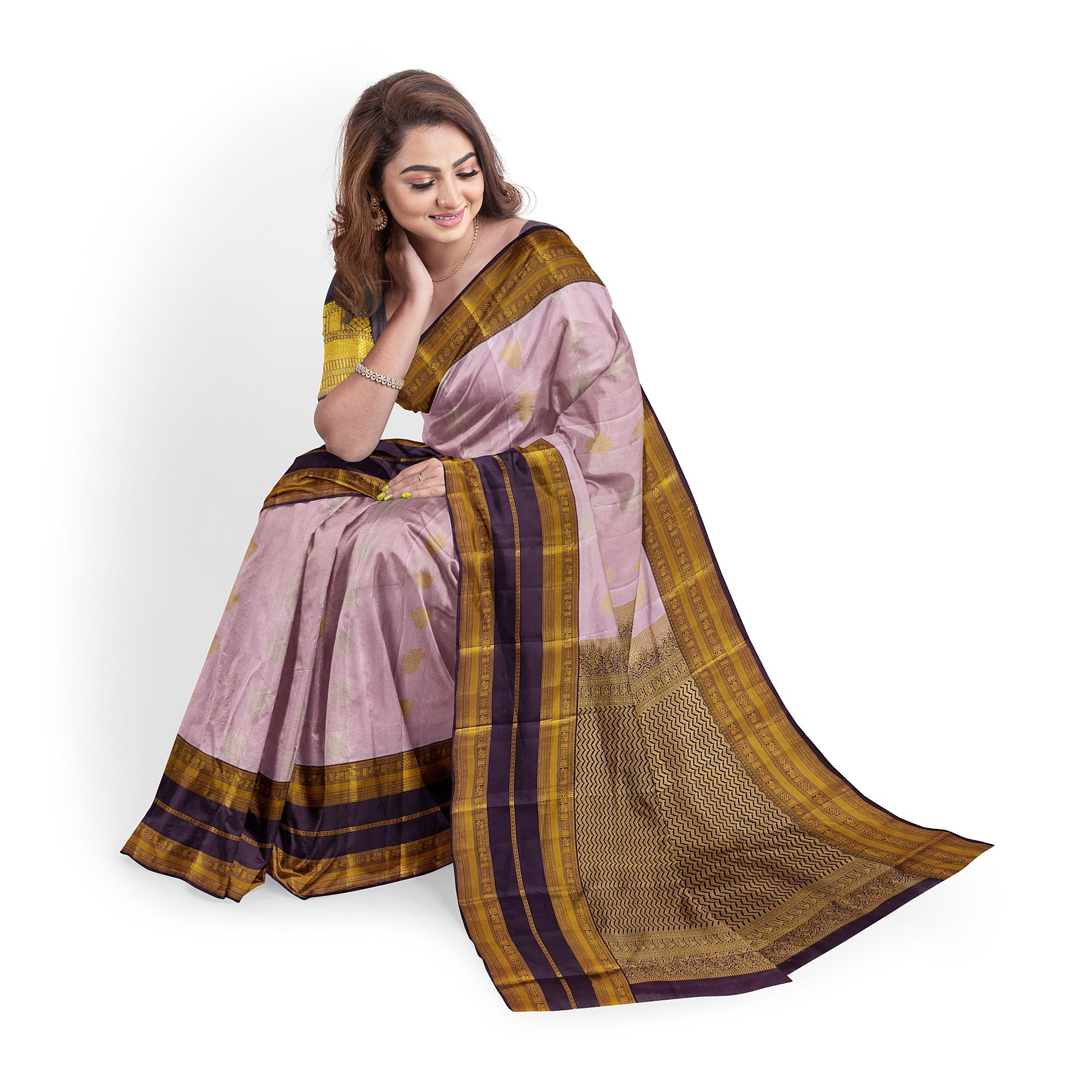 Baby Pink Kanjivaram Silk Saree with Maroon and Gold Zari Border – Elegant Handloom Saree Online - New Sudarshan Silks`