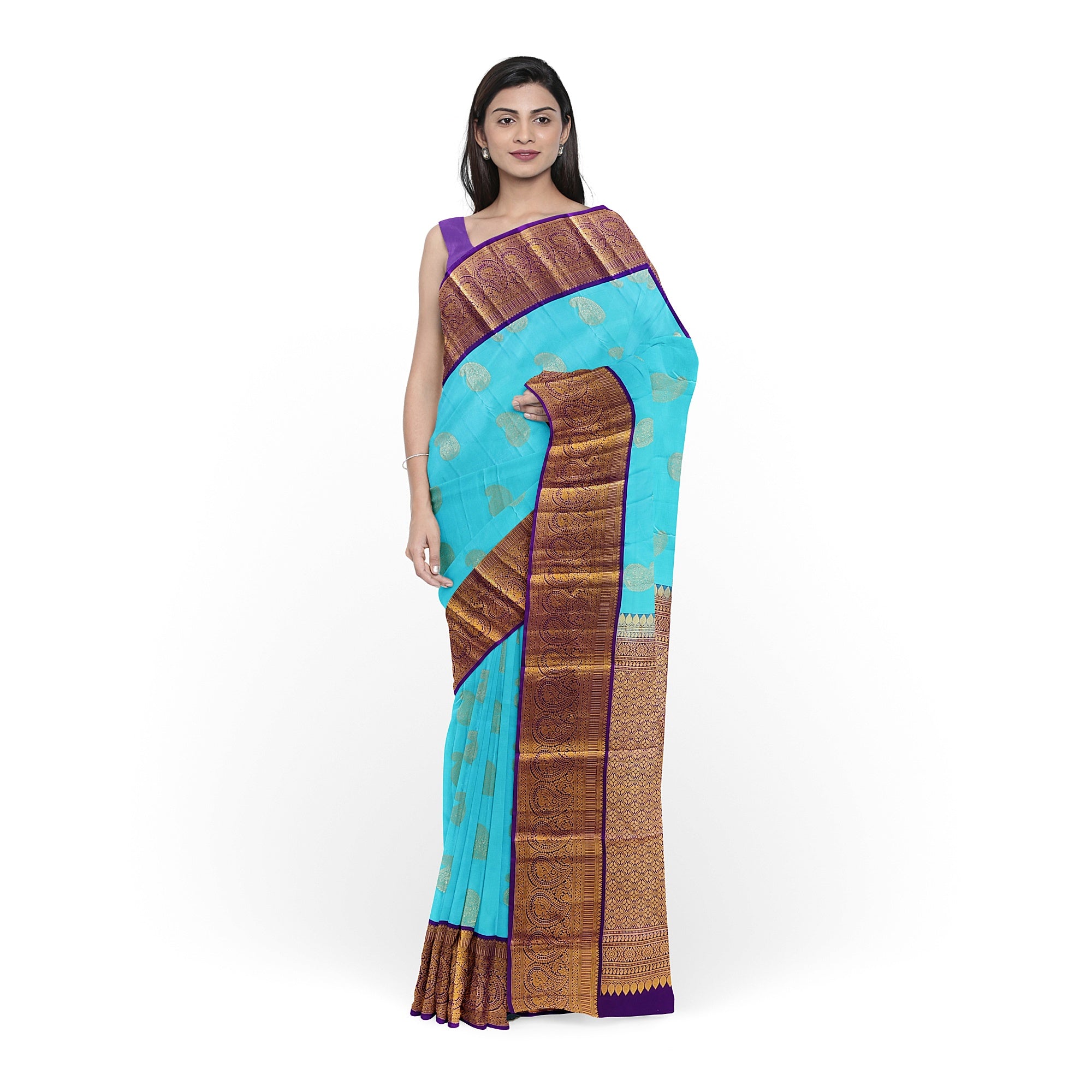 Sky Blue Kanjivaram Silk Saree with Purple Zari Border – Pure Handloom Bridal Saree Online - New Sudarshan Silks`