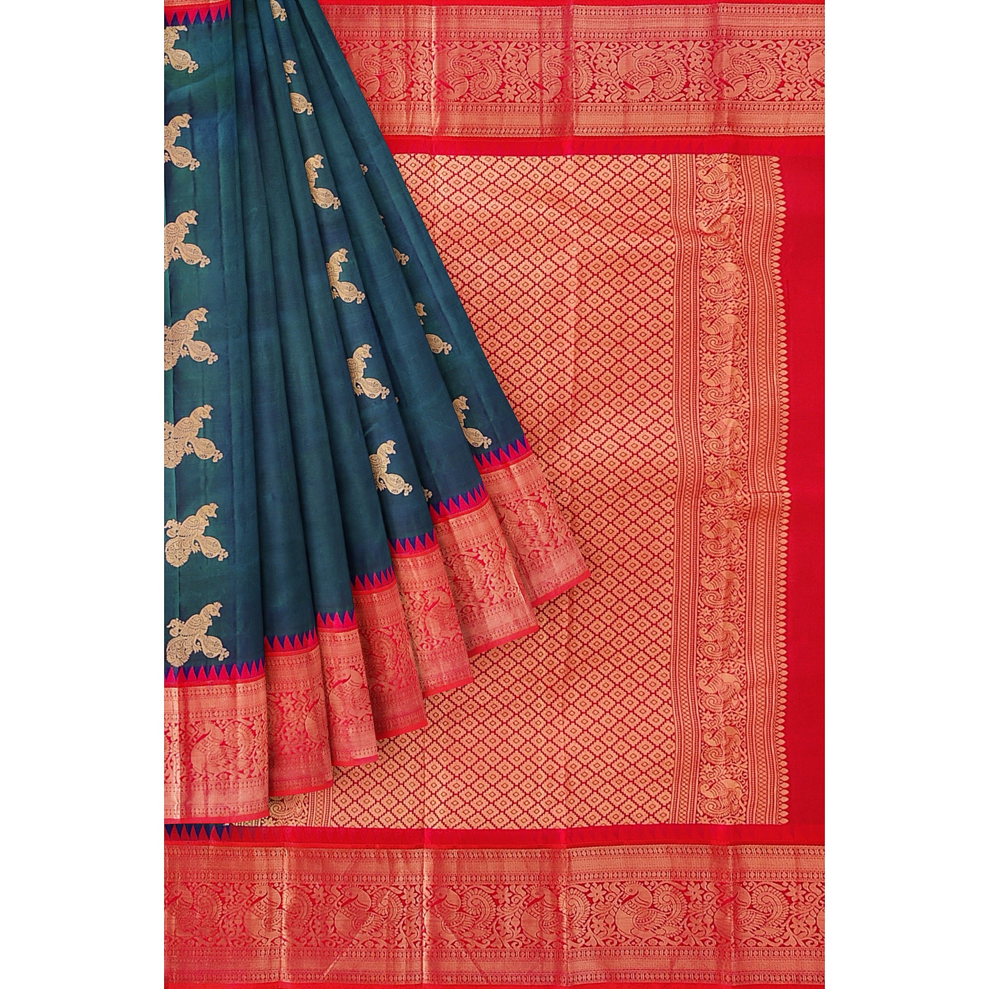 Peacock Blue Kanjivaram Silk Saree with Radium Pink Temple Border – Pure Handloom Bridal Saree Online - New Sudarshan Silks`