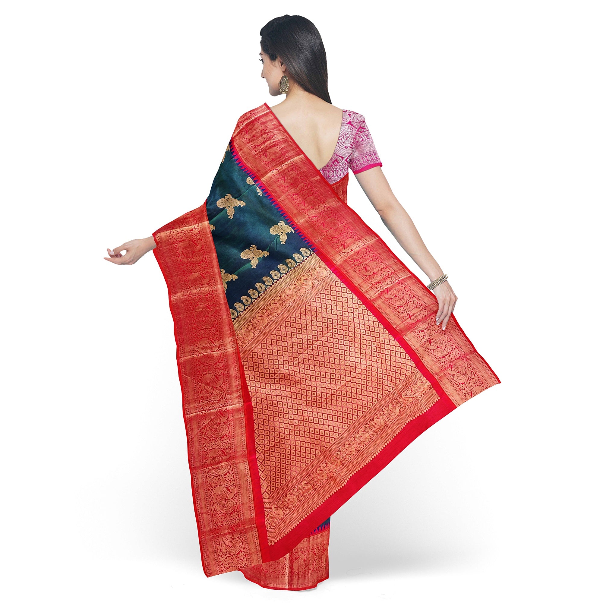 Peacock Blue Kanjivaram Silk Saree with Radium Pink Temple Border – Pure Handloom Bridal Saree Online - New Sudarshan Silks`