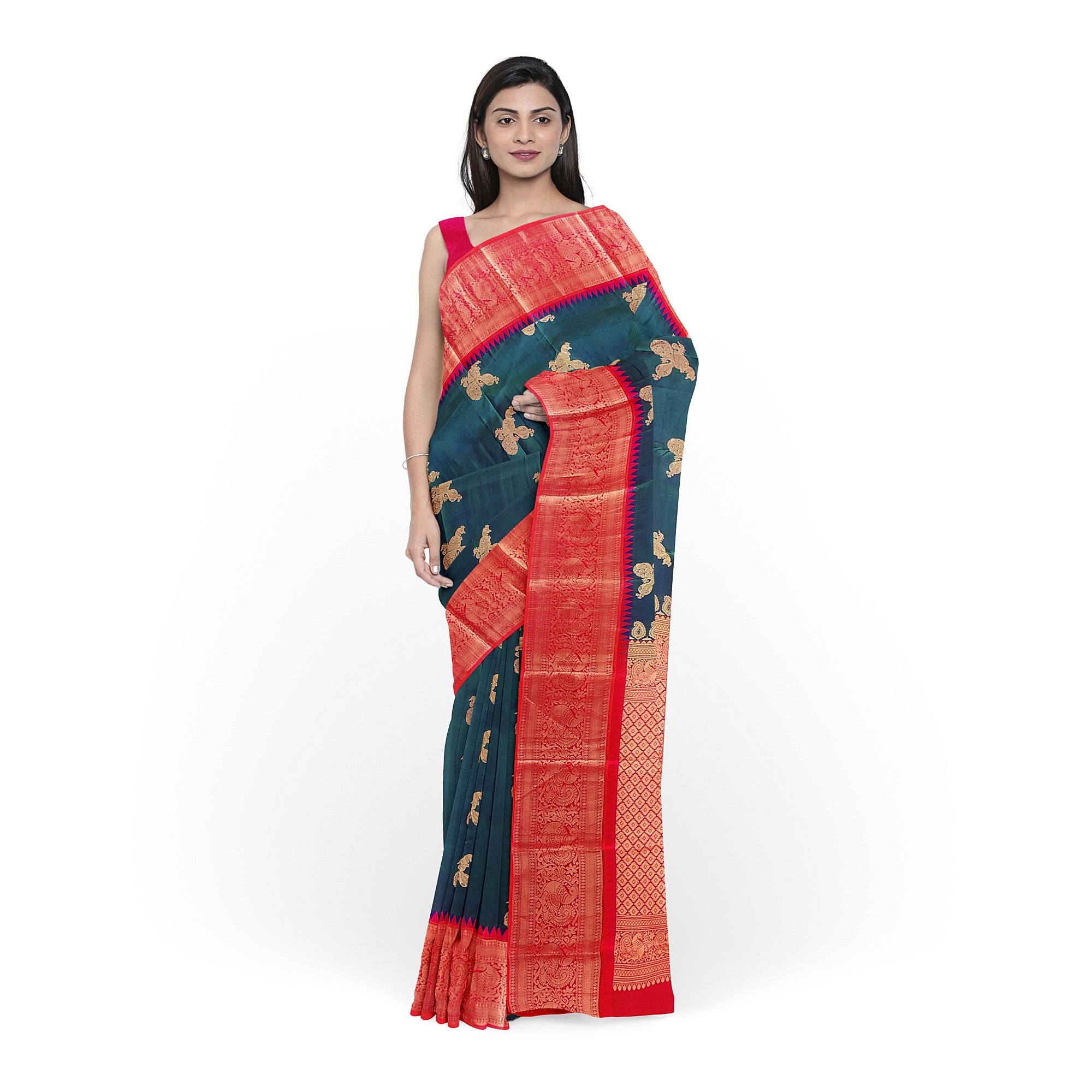 Peacock Blue Kanjivaram Silk Saree with Radium Pink Temple Border – Pure Handloom Bridal Saree Online - New Sudarshan Silks`