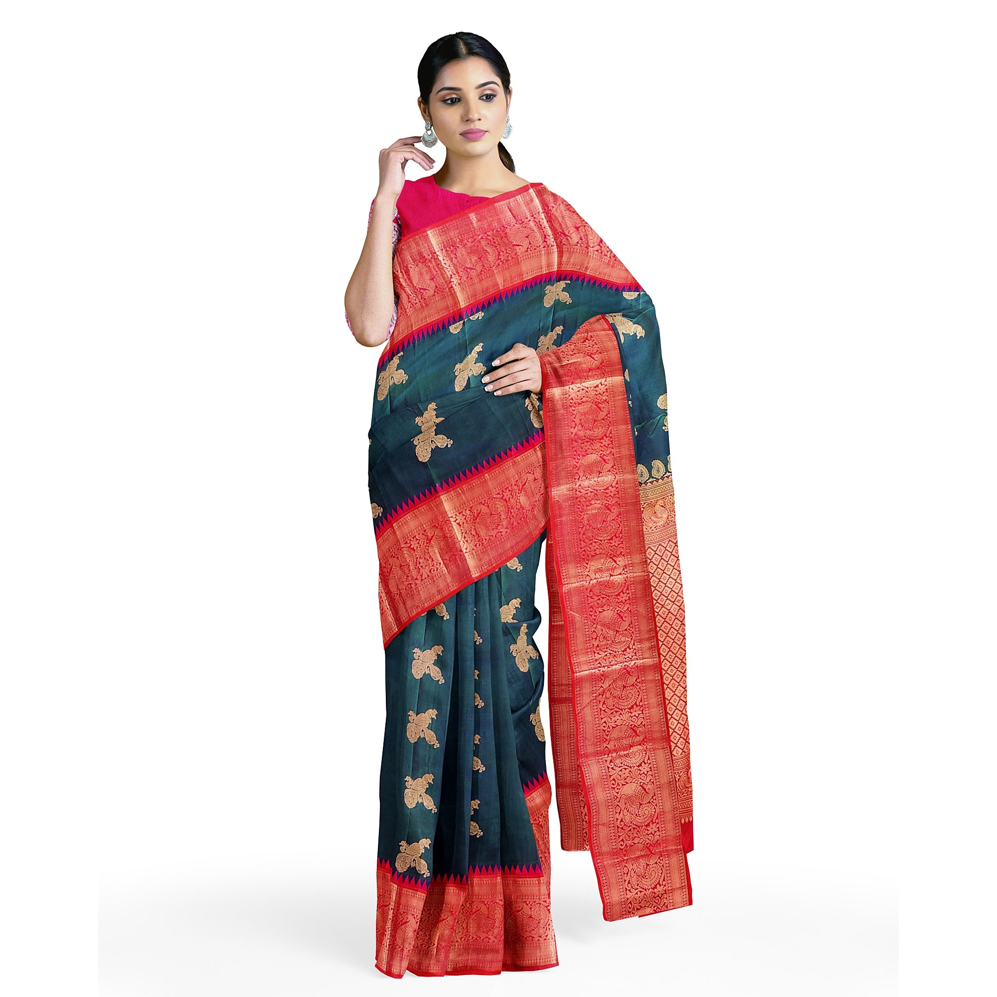 Peacock Blue Kanjivaram Silk Saree with Radium Pink Temple Border – Pure Handloom Bridal Saree Online - New Sudarshan Silks`