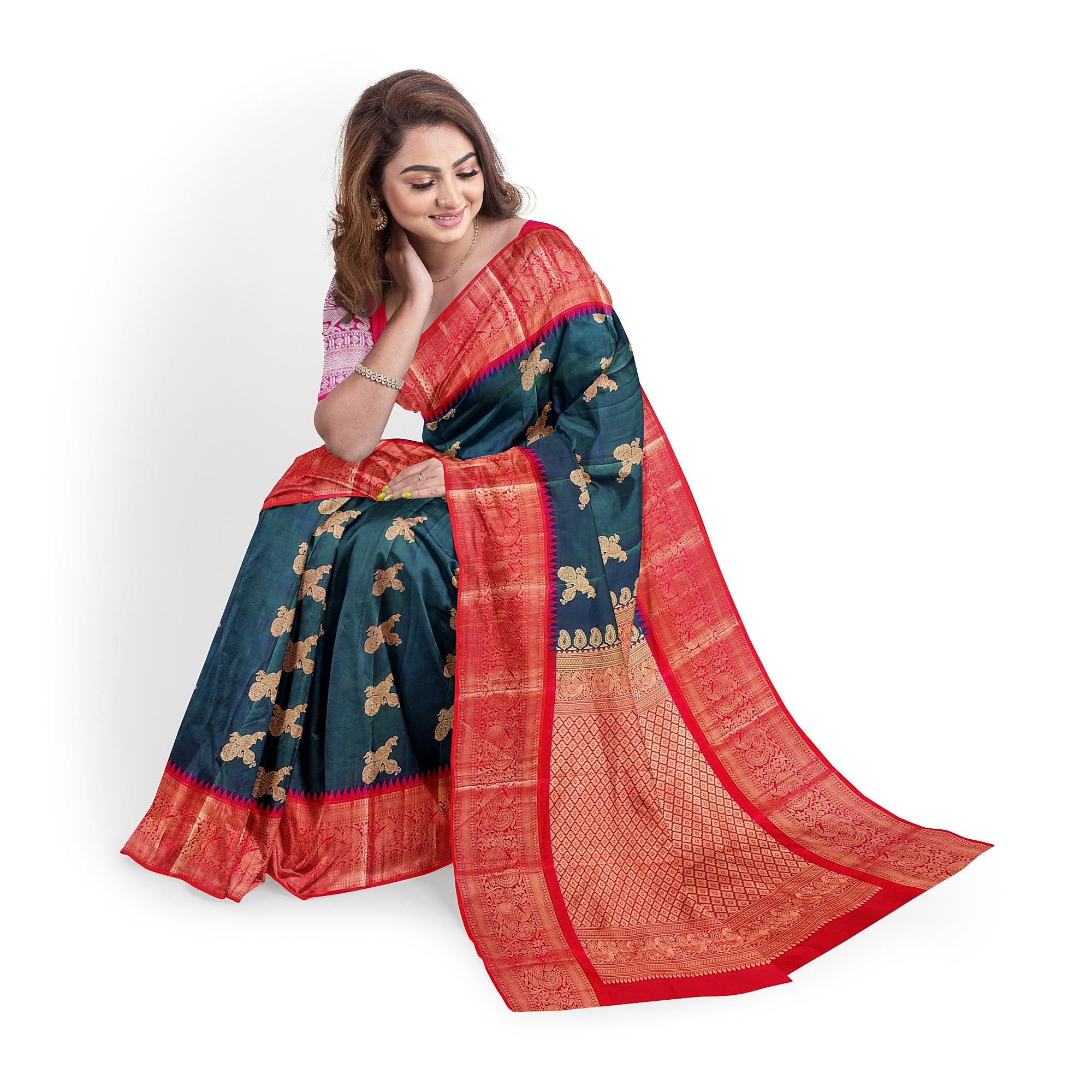 Peacock Blue Kanjivaram Silk Saree with Radium Pink Temple Border – Pure Handloom Bridal Saree Online - New Sudarshan Silks`