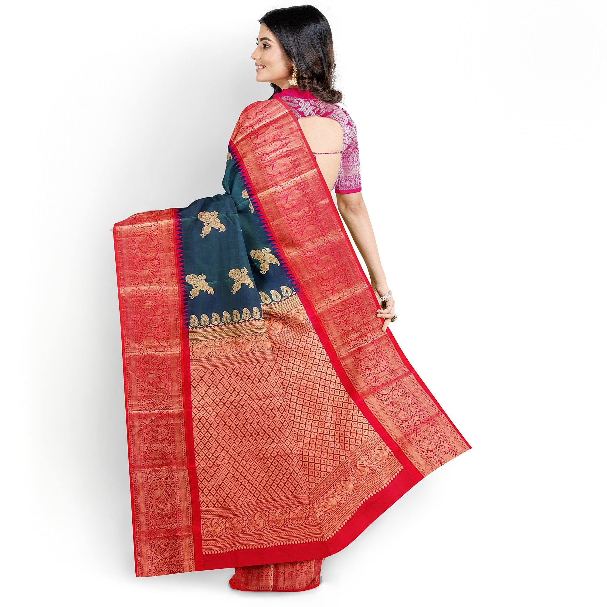 Peacock Blue Kanjivaram Silk Saree with Radium Pink Temple Border – Pure Handloom Bridal Saree Online - New Sudarshan Silks`