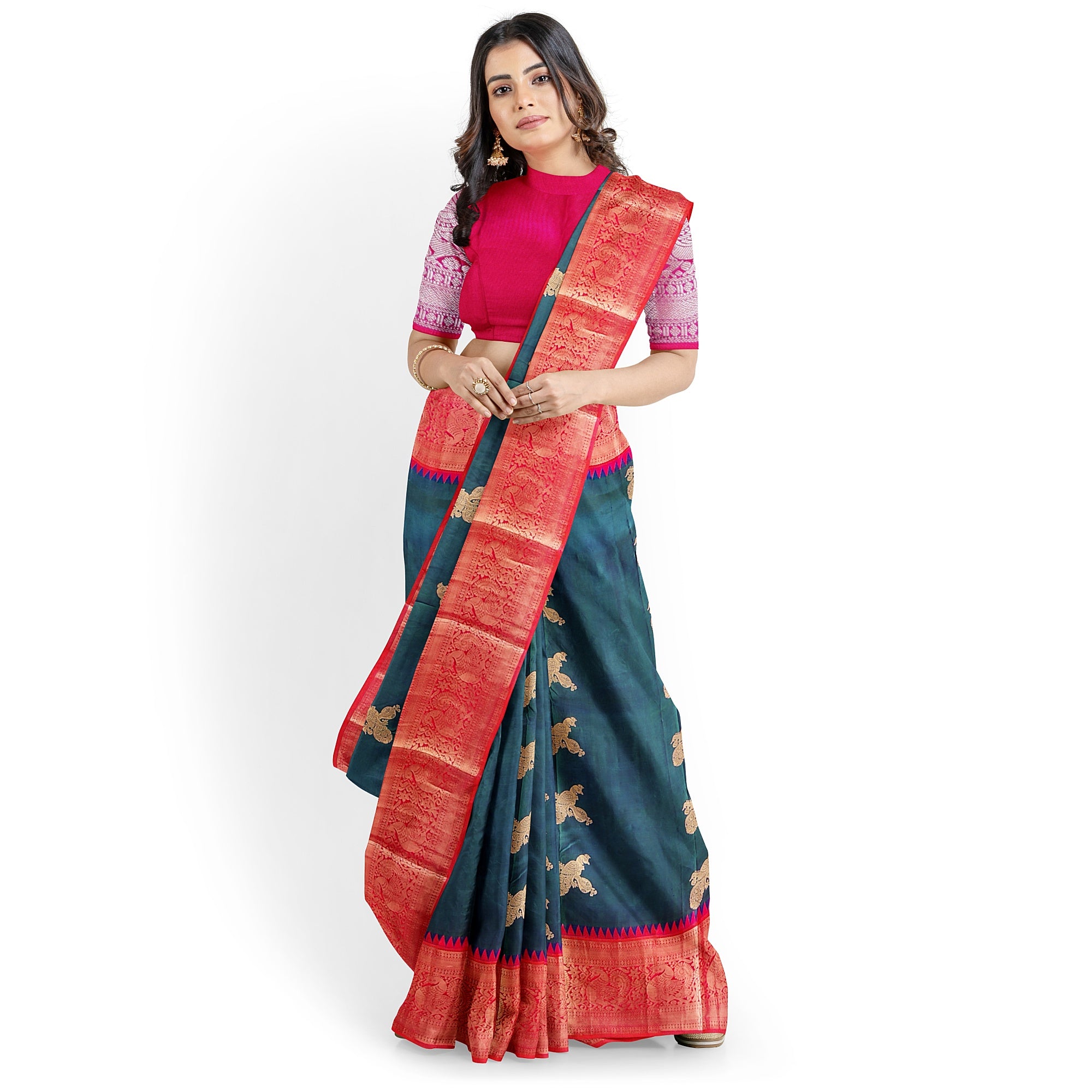 Peacock Blue Kanjivaram Silk Saree with Radium Pink Temple Border – Pure Handloom Bridal Saree Online - New Sudarshan Silks`