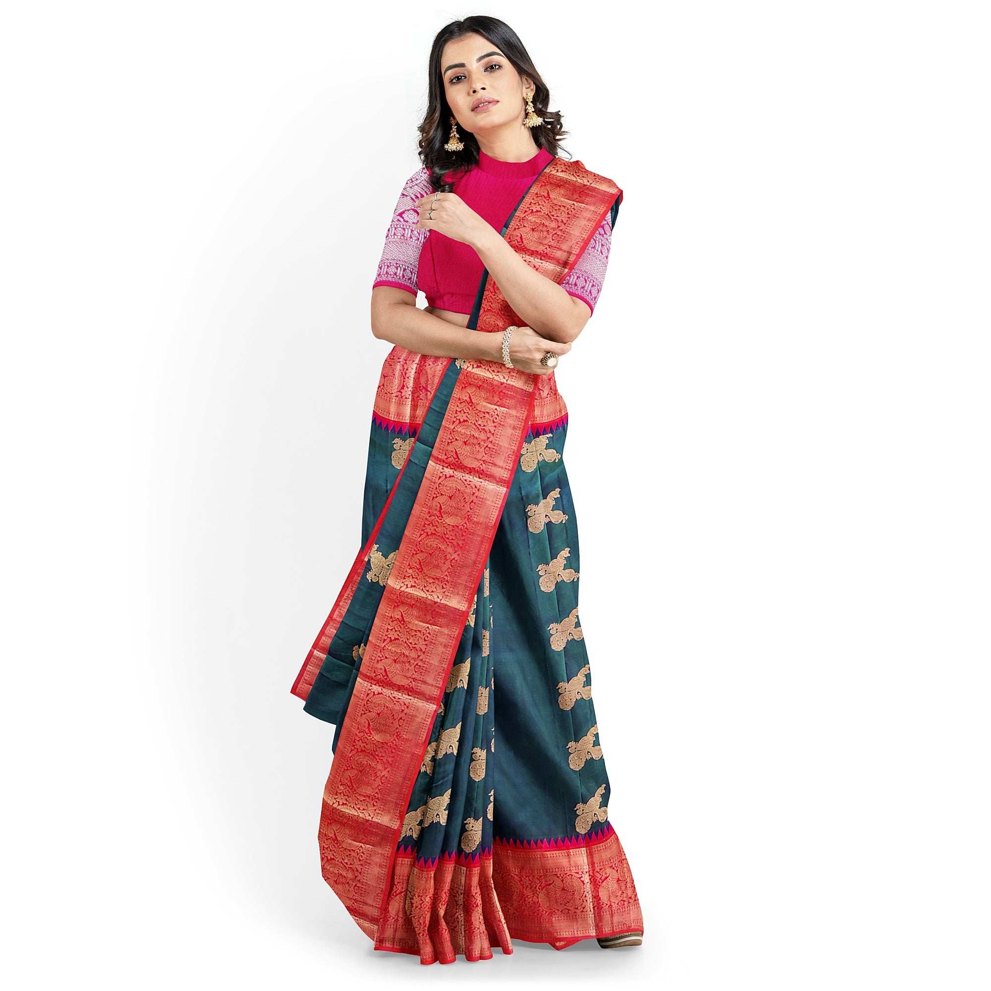 Peacock Blue Kanjivaram Silk Saree with Radium Pink Temple Border – Pure Handloom Bridal Saree Online - New Sudarshan Silks`