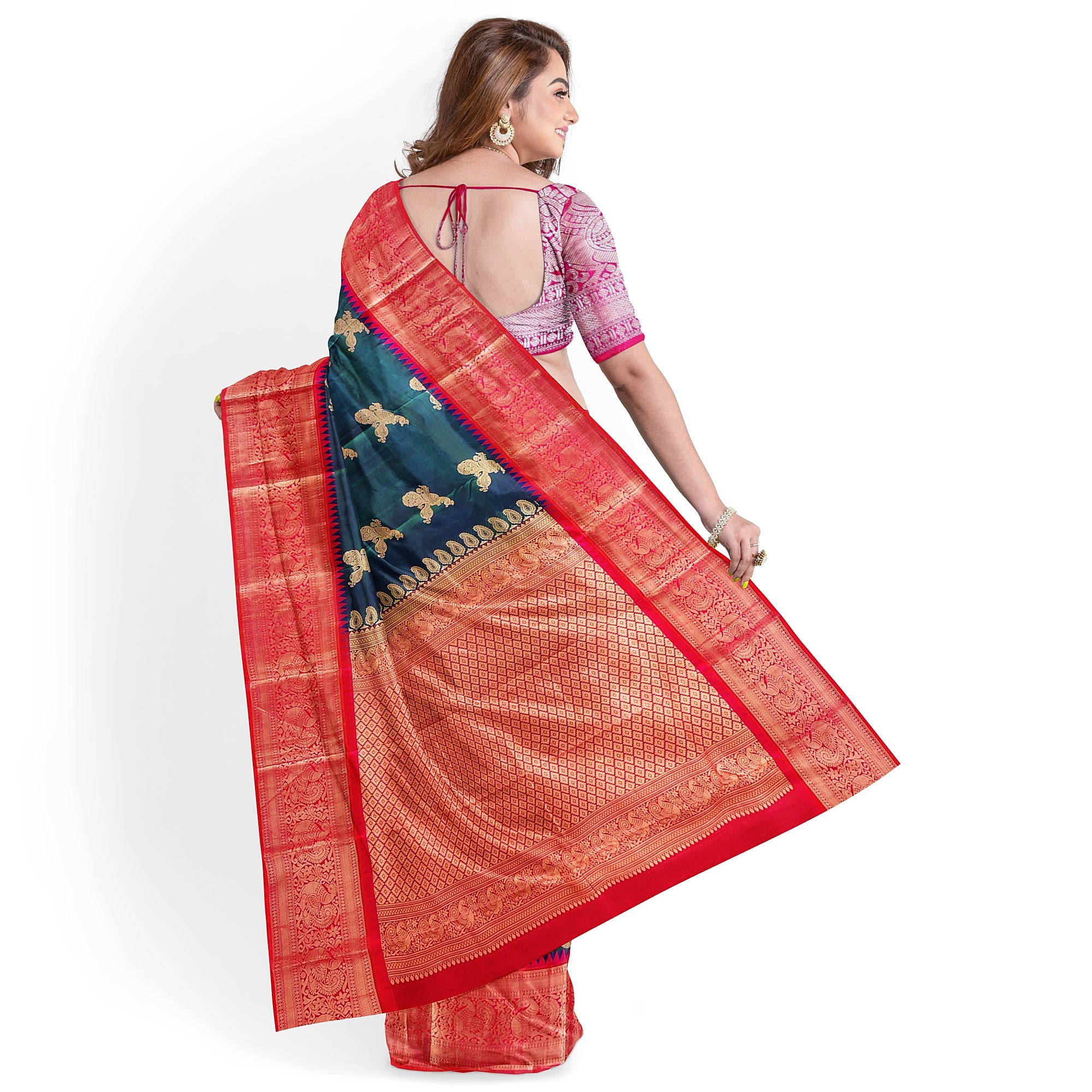 Peacock Blue Kanjivaram Silk Saree with Radium Pink Temple Border – Pure Handloom Bridal Saree Online - New Sudarshan Silks`