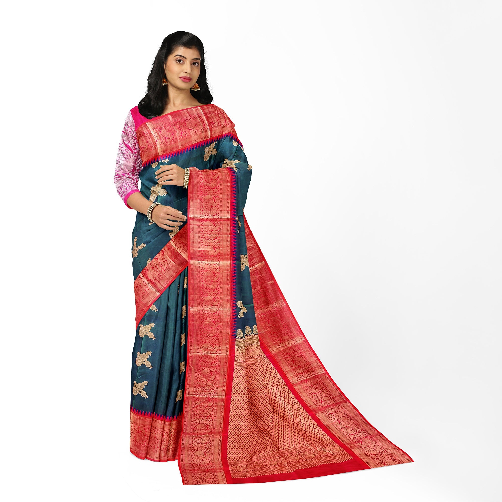 Peacock Blue Kanjivaram Silk Saree with Radium Pink Temple Border – Pure Handloom Bridal Saree Online - New Sudarshan Silks`