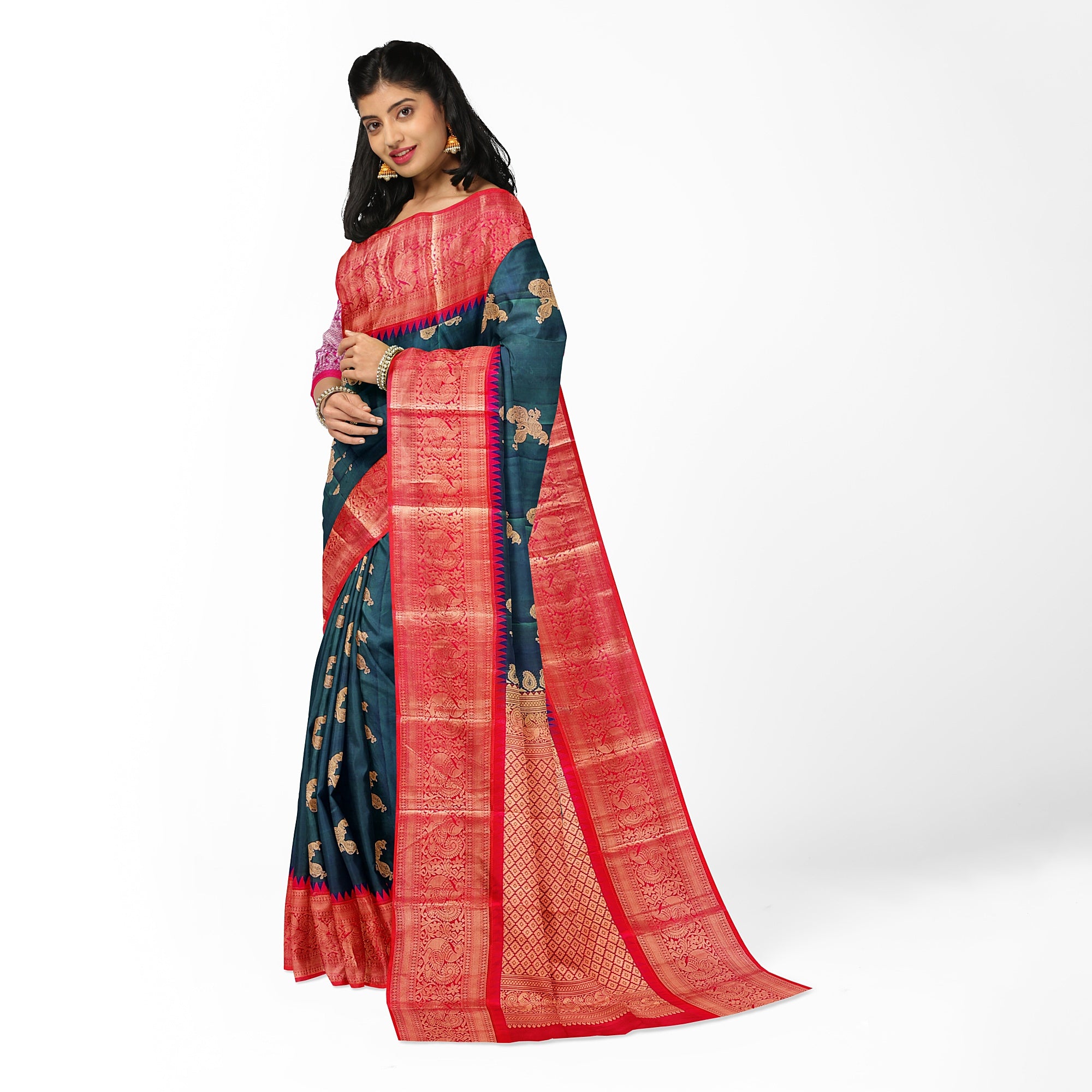 Peacock Blue Kanjivaram Silk Saree with Radium Pink Temple Border – Pure Handloom Bridal Saree Online - New Sudarshan Silks`